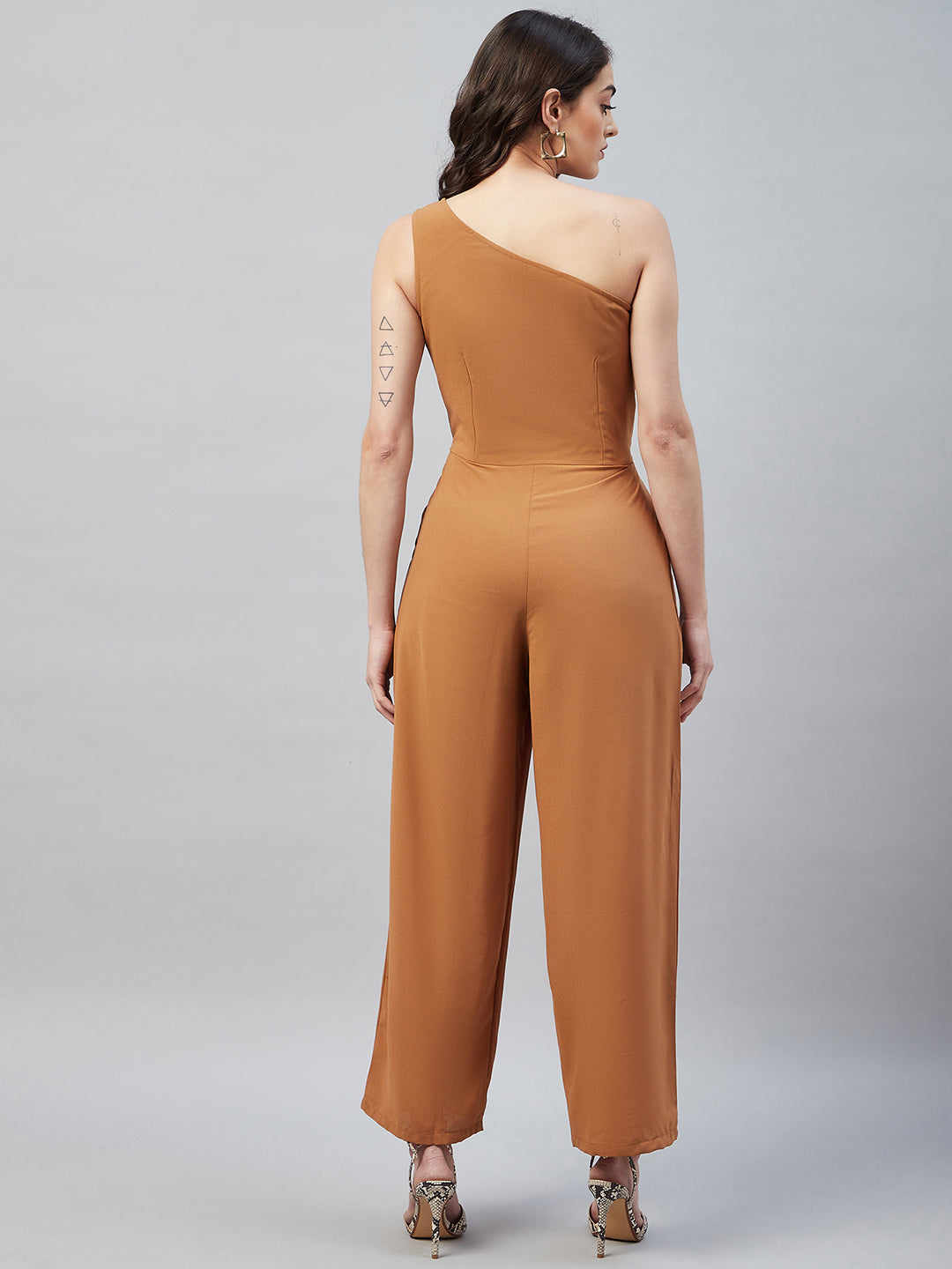 FRONT SLITTED ONE-SHOULDER JUMPSUIT- CARAMEL
