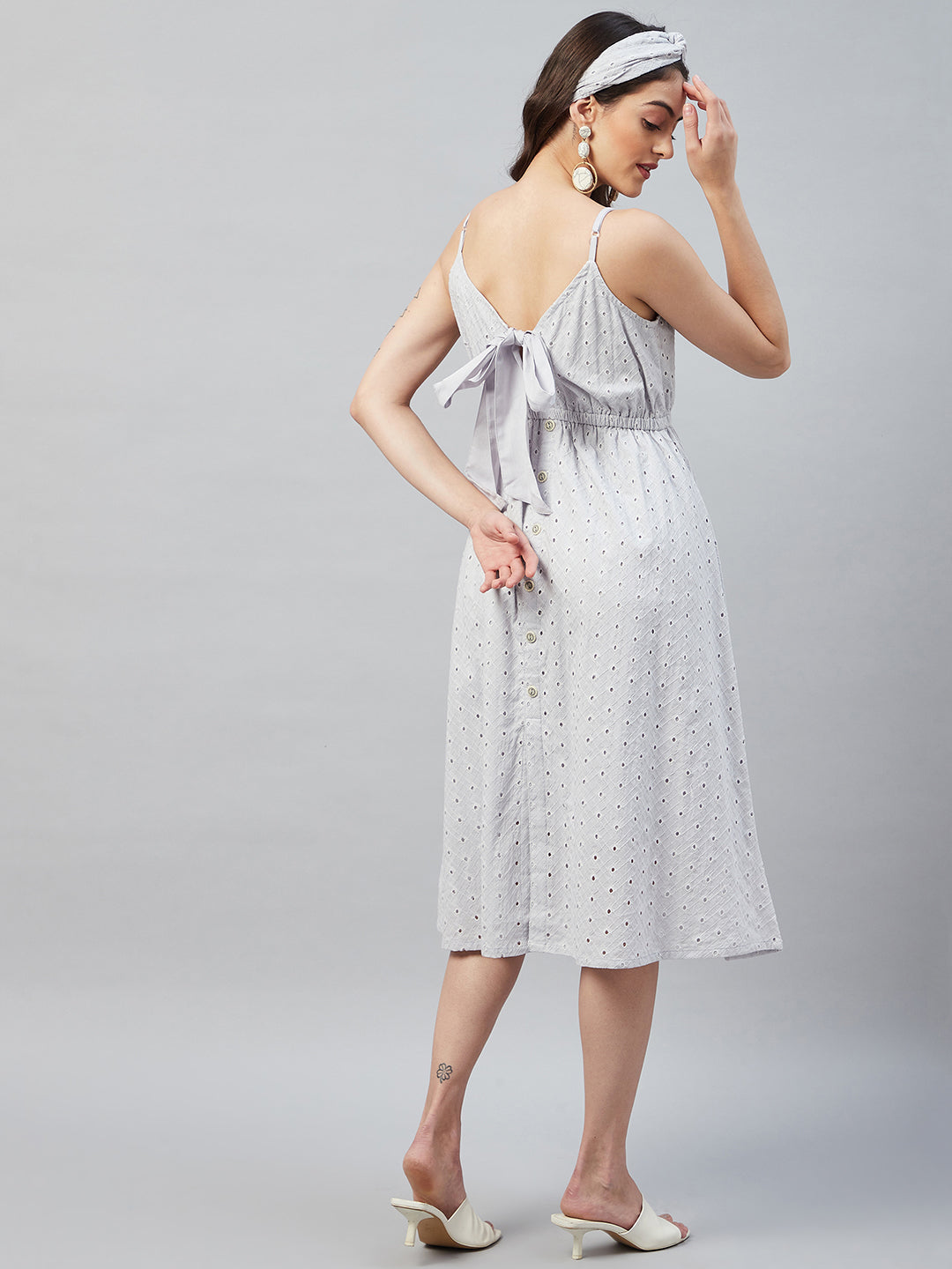 PASTEL GREY BACK TIE SCHIFFLI DRESS