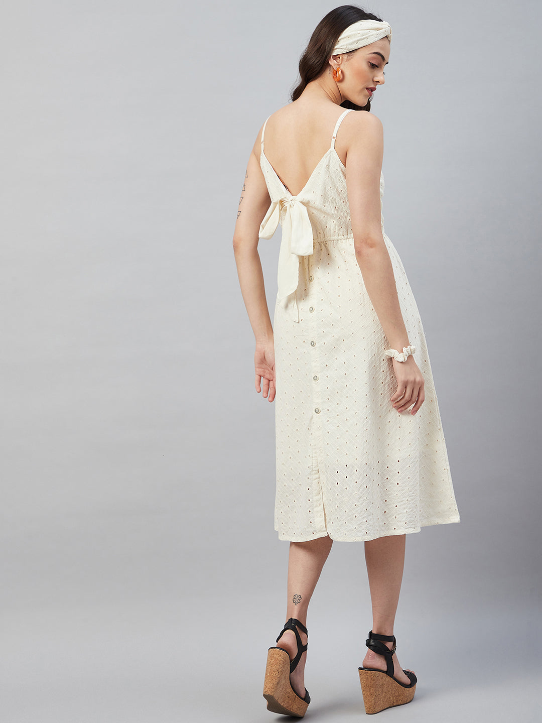 PEARL WHITE BACK TIE SCHIFFLI DRESS
