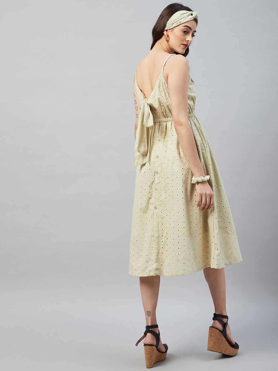 PASTEL MOSS GREEN BACK TIE SCHIFFLI DRESS
