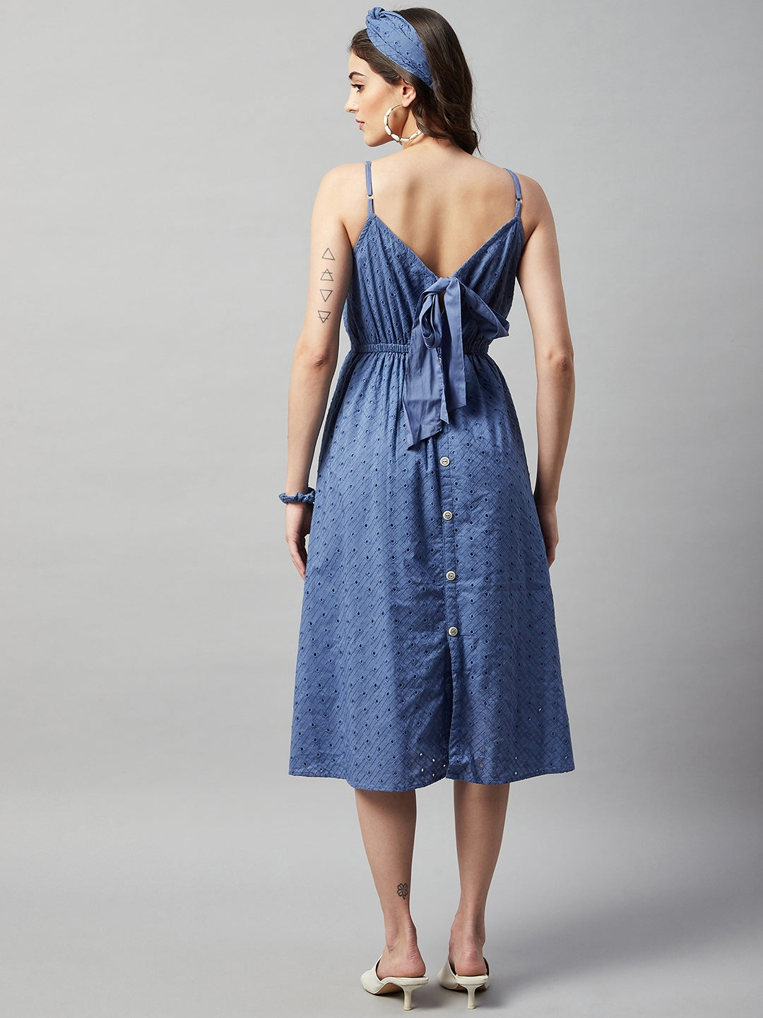 MOSS BLUE BACK TIE SCHIFFLI DRESS