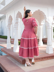 AAHELI TVARIKA CORAL COTTON KANTHA TIERED DRESS