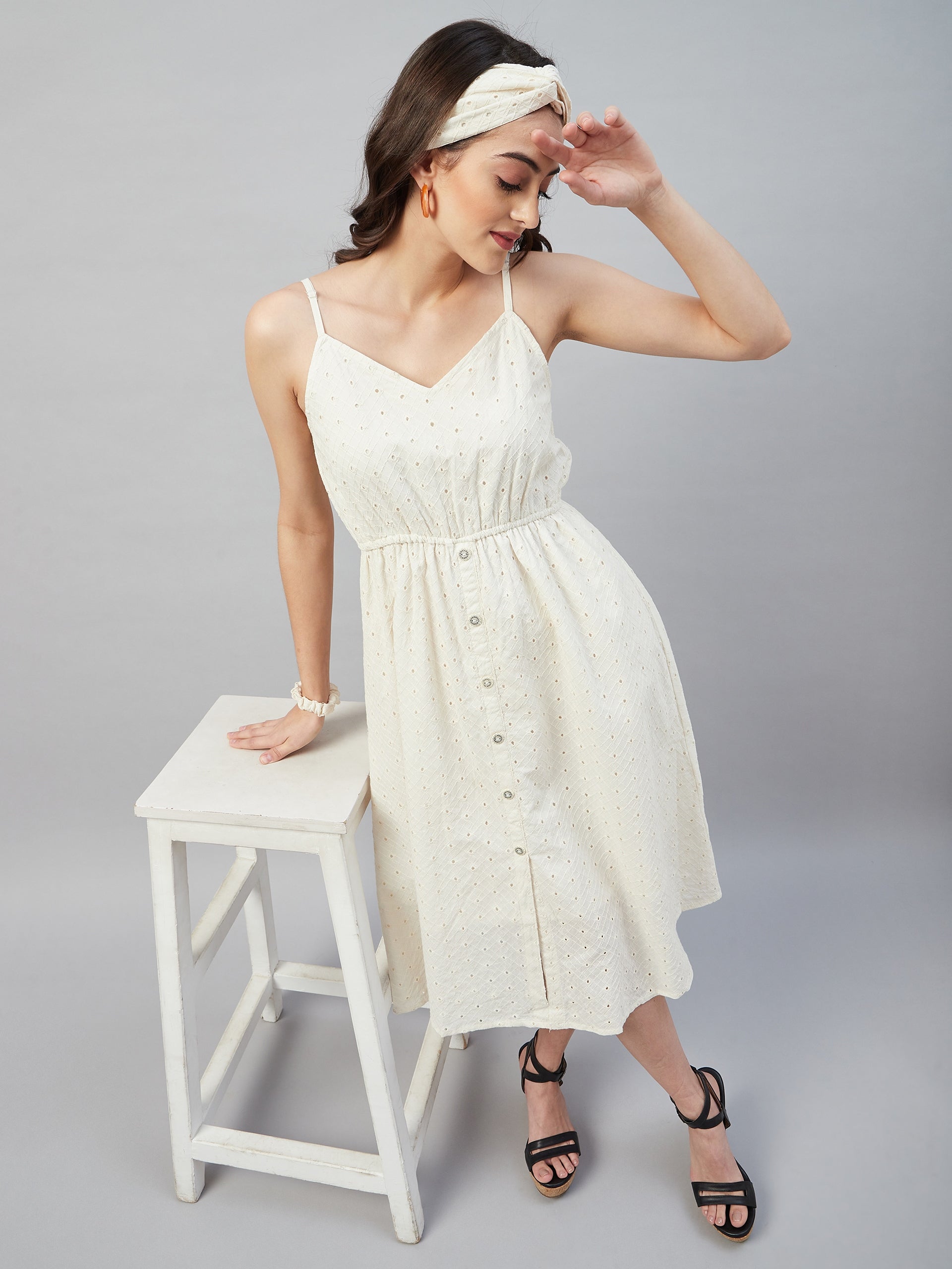 PEARL WHITE BACK TIE SCHIFFLI DRESS
