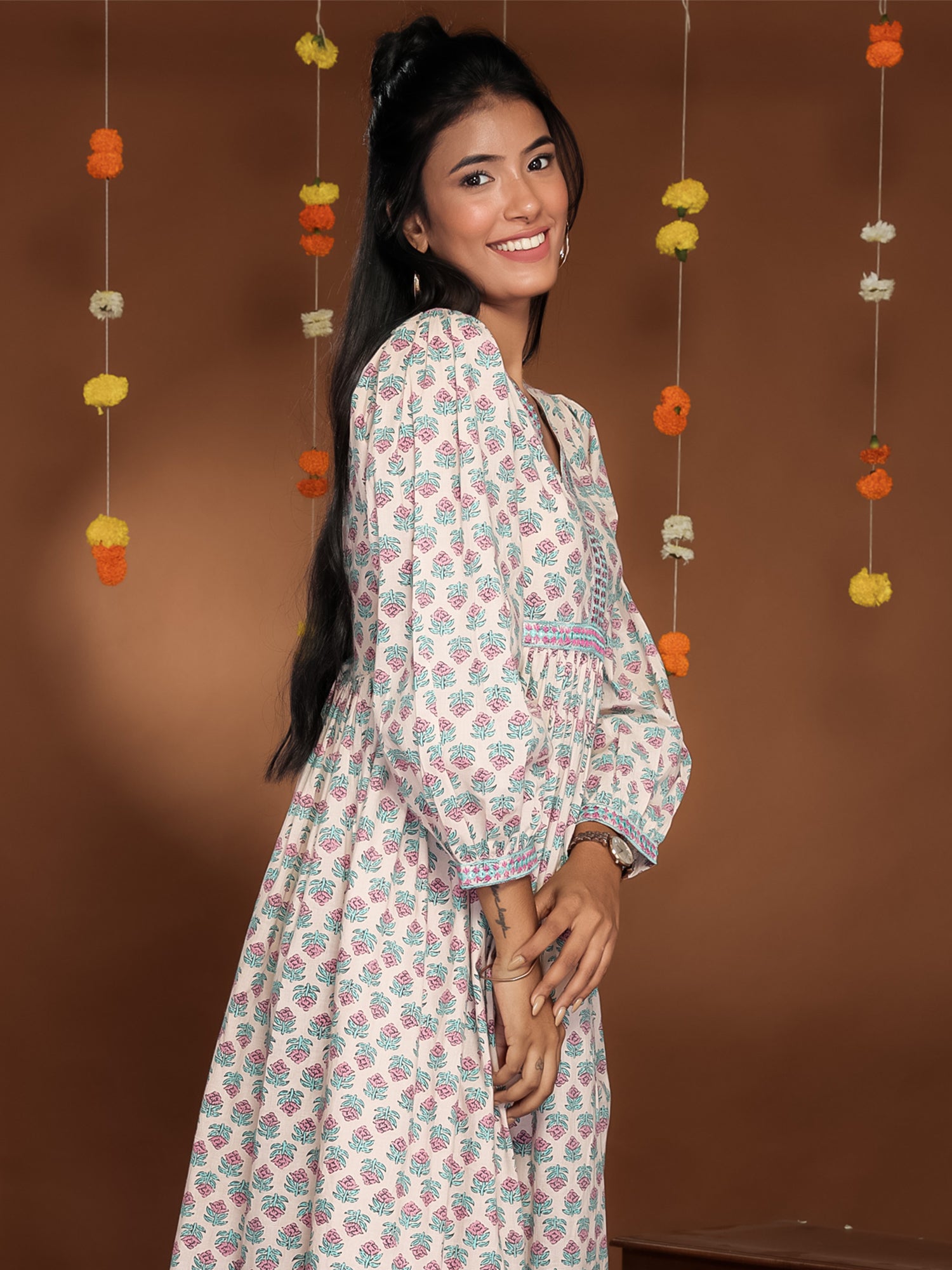 BLUSHING BLOSSOMS PRINTED COTTON DRESS