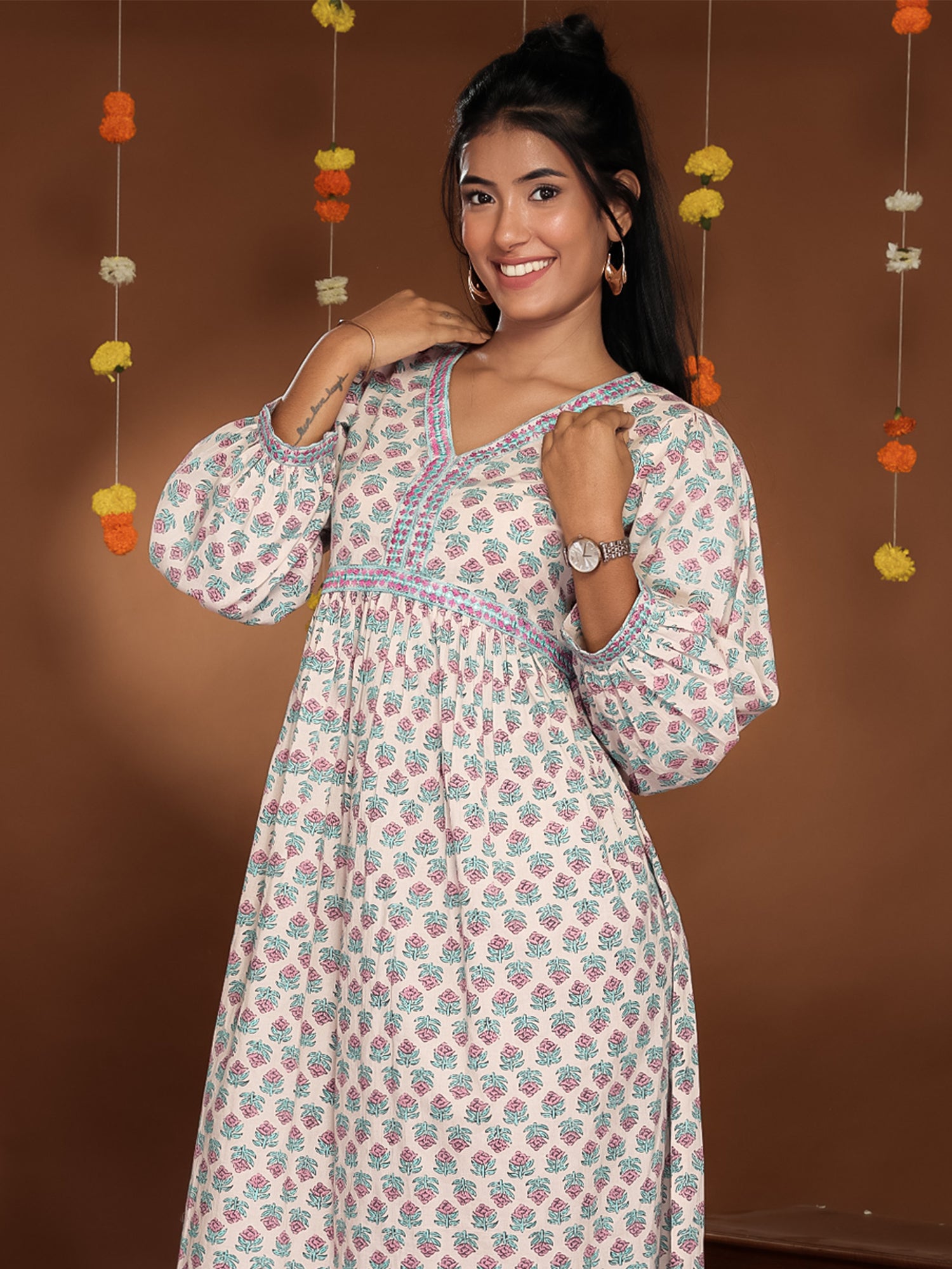BLUSHING BLOSSOMS PRINTED COTTON DRESS