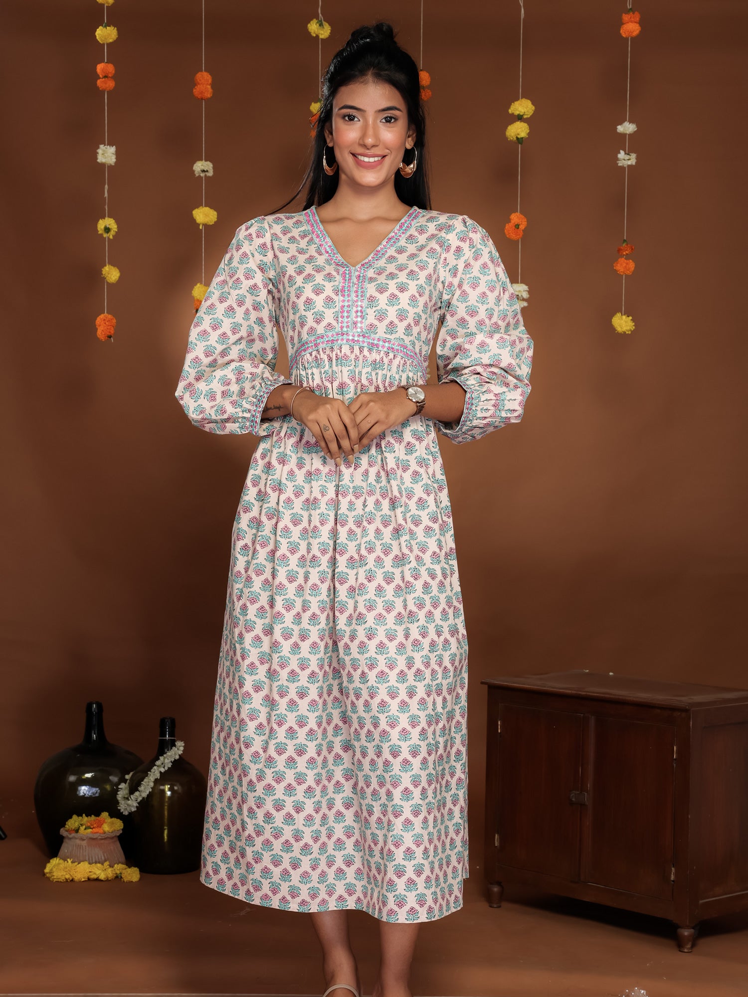 BLUSHING BLOSSOMS PRINTED COTTON DRESS