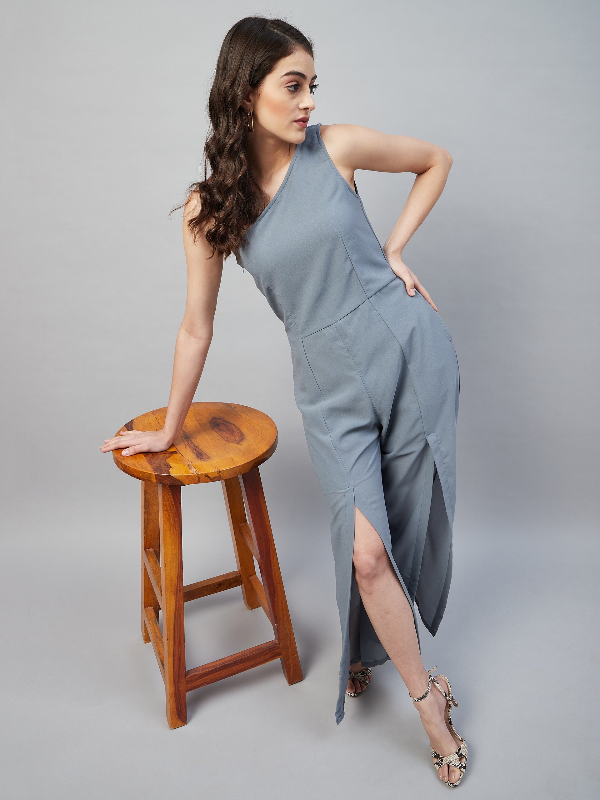 FRONT SLITTED ONE-SHOULDER JUMPSUIT- GREY