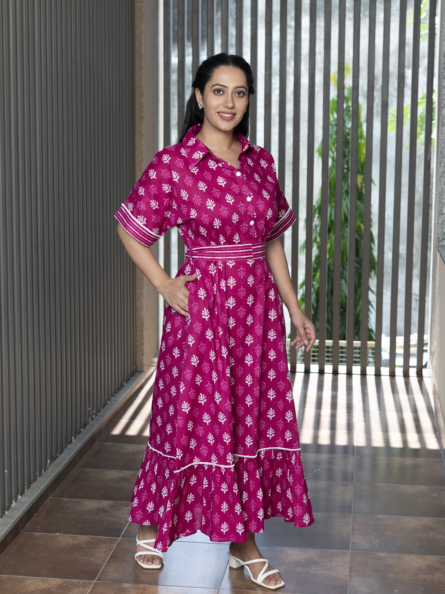 ARASI FUCHSIA PRINTED COTTON MAXI DRESS