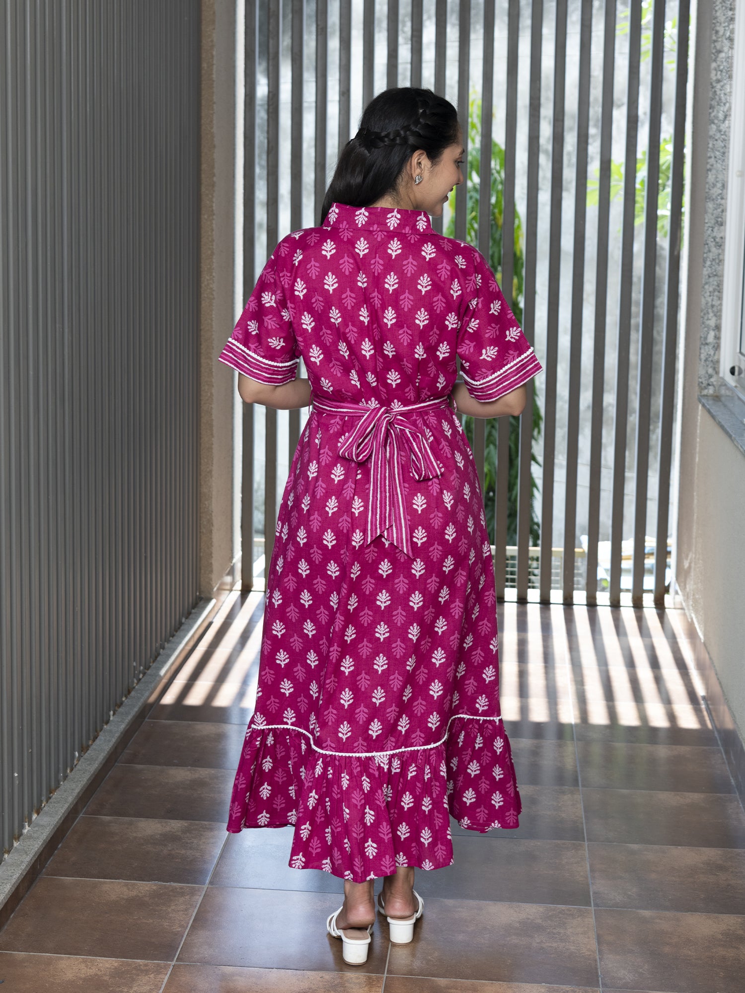 ARASI FUCHSIA PRINTED COTTON MAXI DRESS