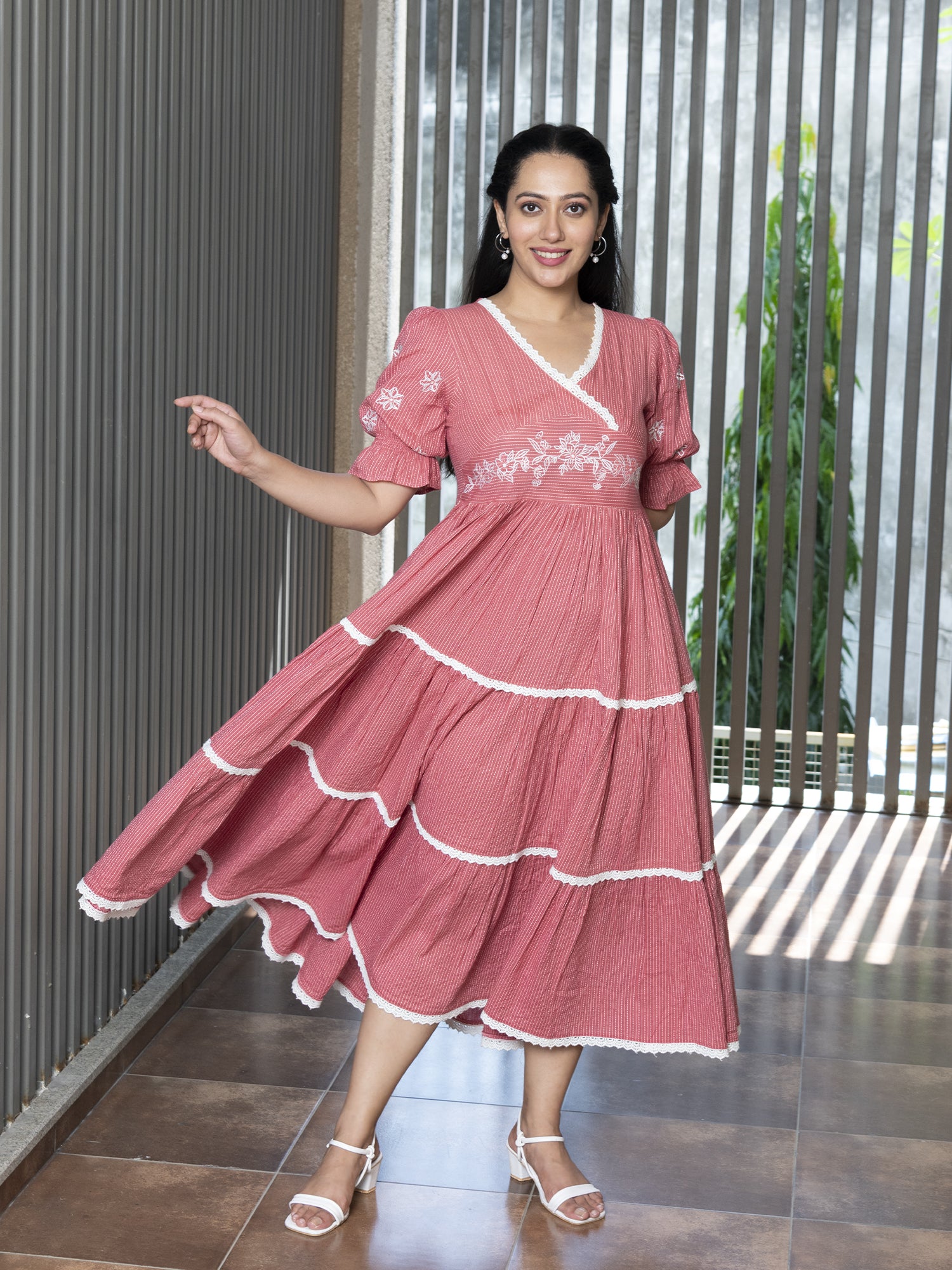 TVARIKA CORAL COTTON KANTHA TIERED DRESS