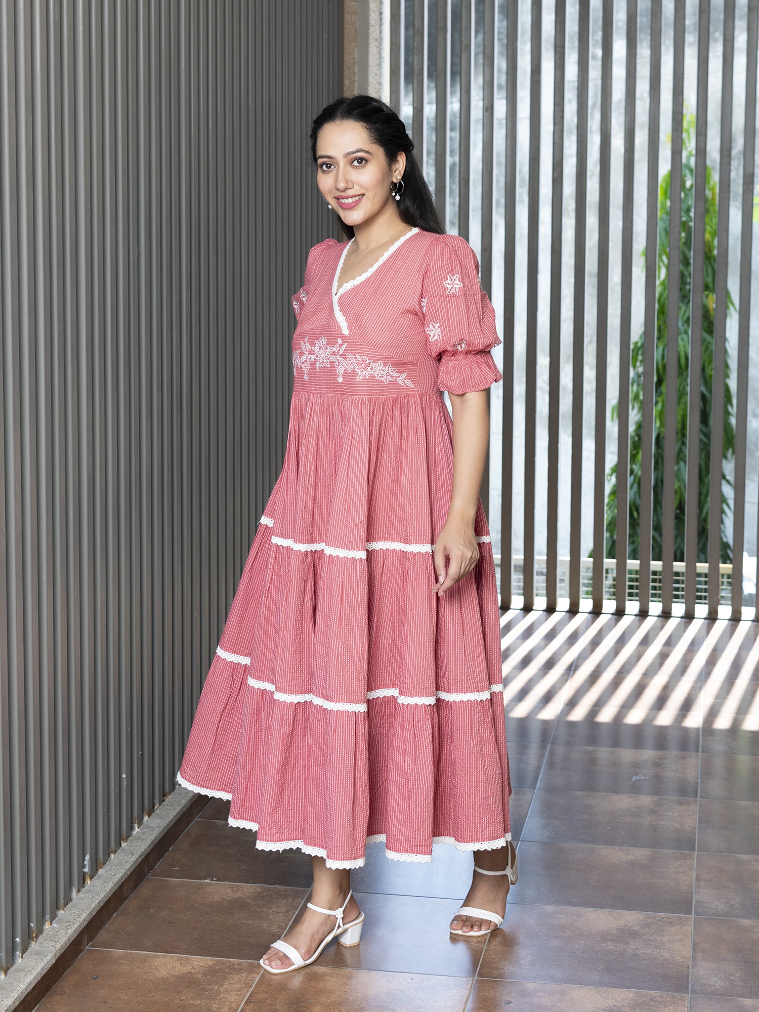 TVARIKA CORAL COTTON KANTHA TIERED DRESS