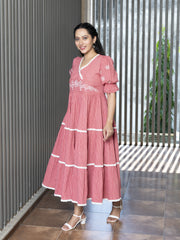 AAHELI TVARIKA CORAL COTTON KANTHA TIERED DRESS