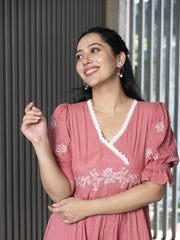 AAHELI TVARIKA CORAL COTTON KANTHA TIERED DRESS