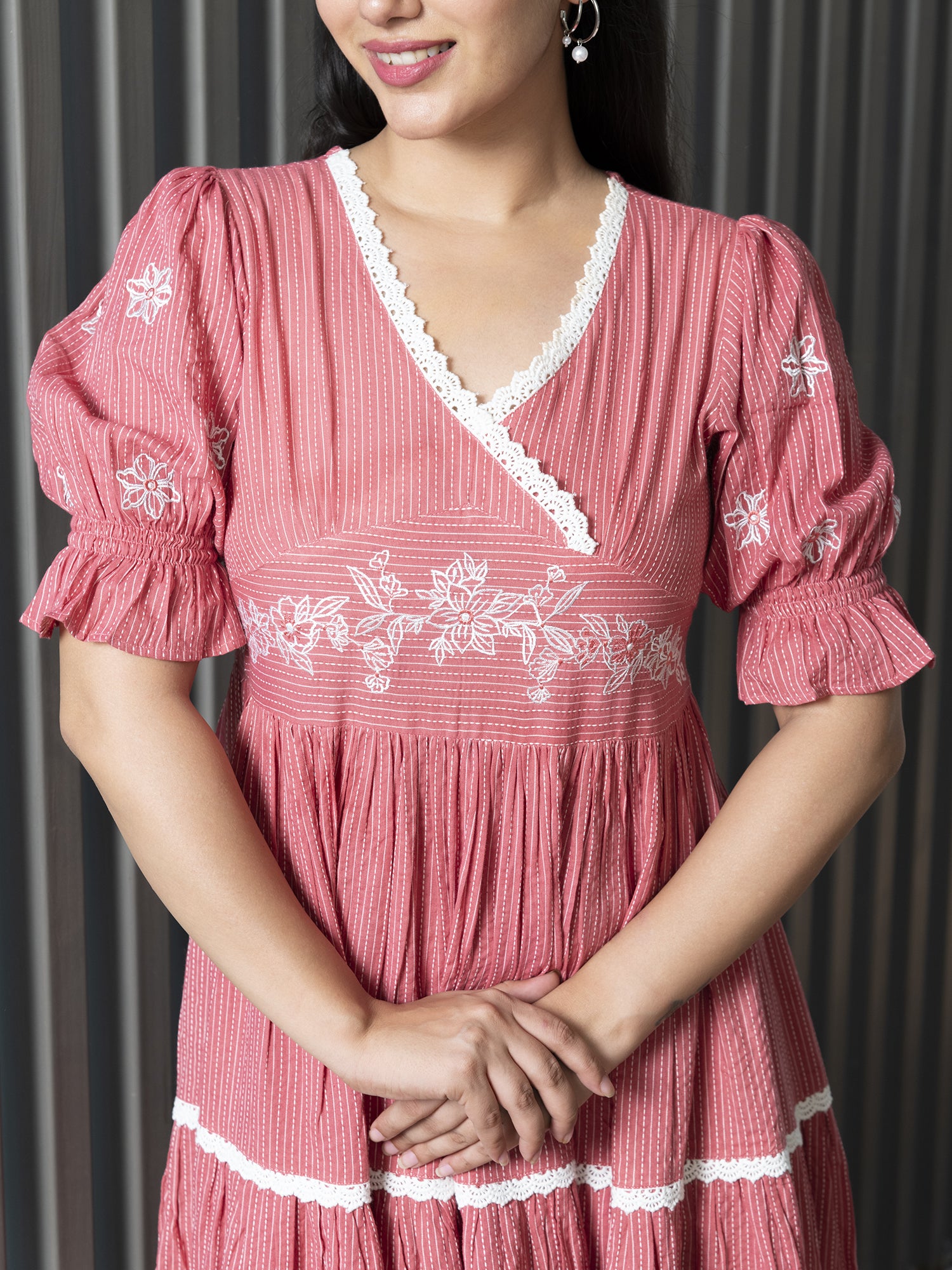 TVARIKA CORAL COTTON KANTHA TIERED DRESS