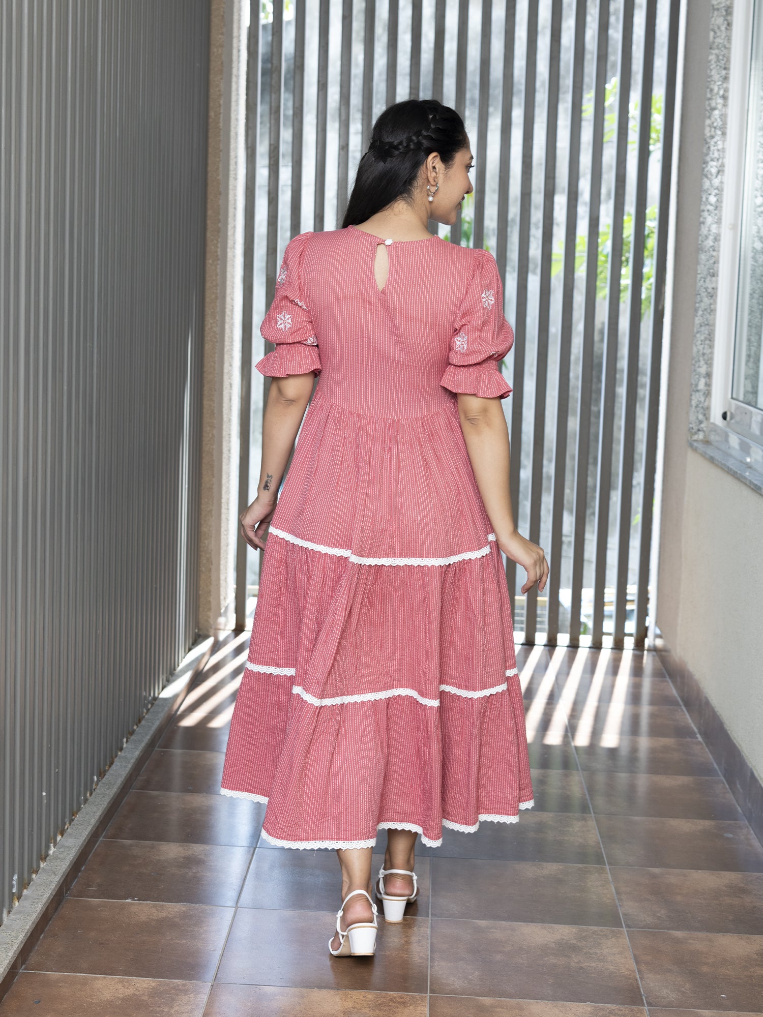 TVARIKA CORAL COTTON KANTHA TIERED DRESS