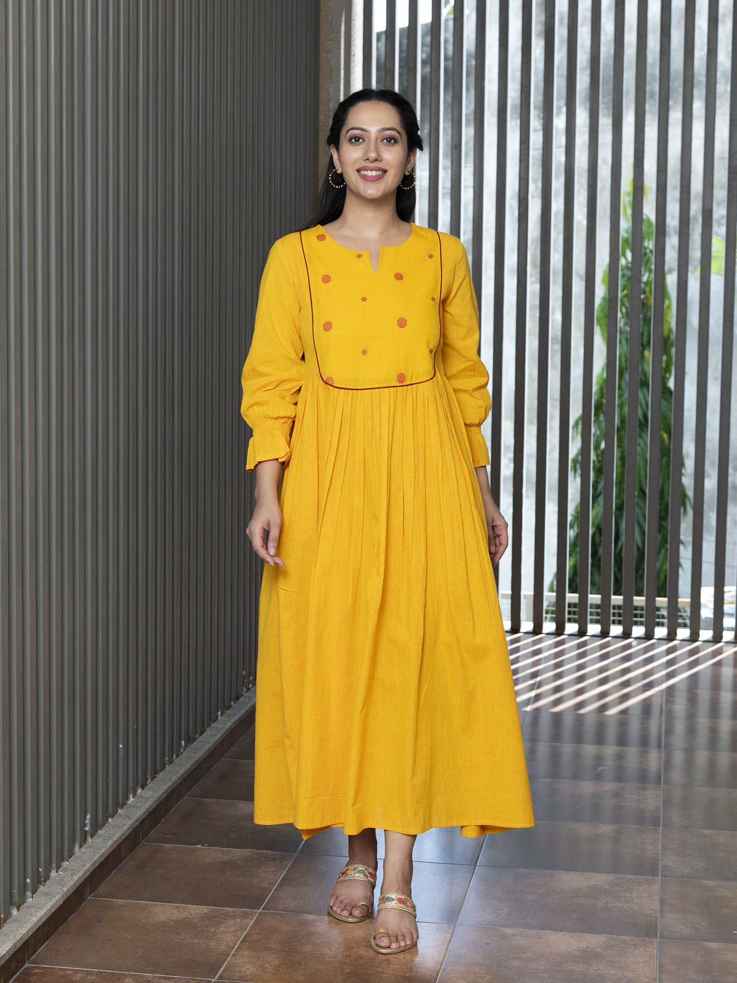 RADHIYAA YELLOW YARN DYED COTTON MAXI DRESS