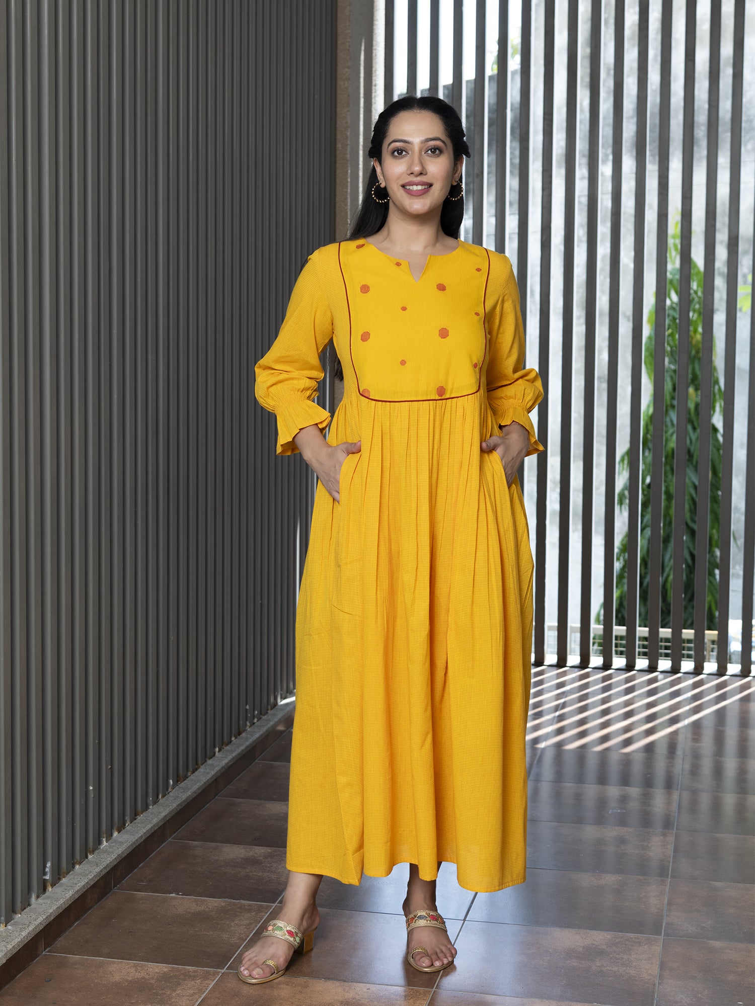 RADHIYAA YELLOW YARN DYED COTTON MAXI DRESS