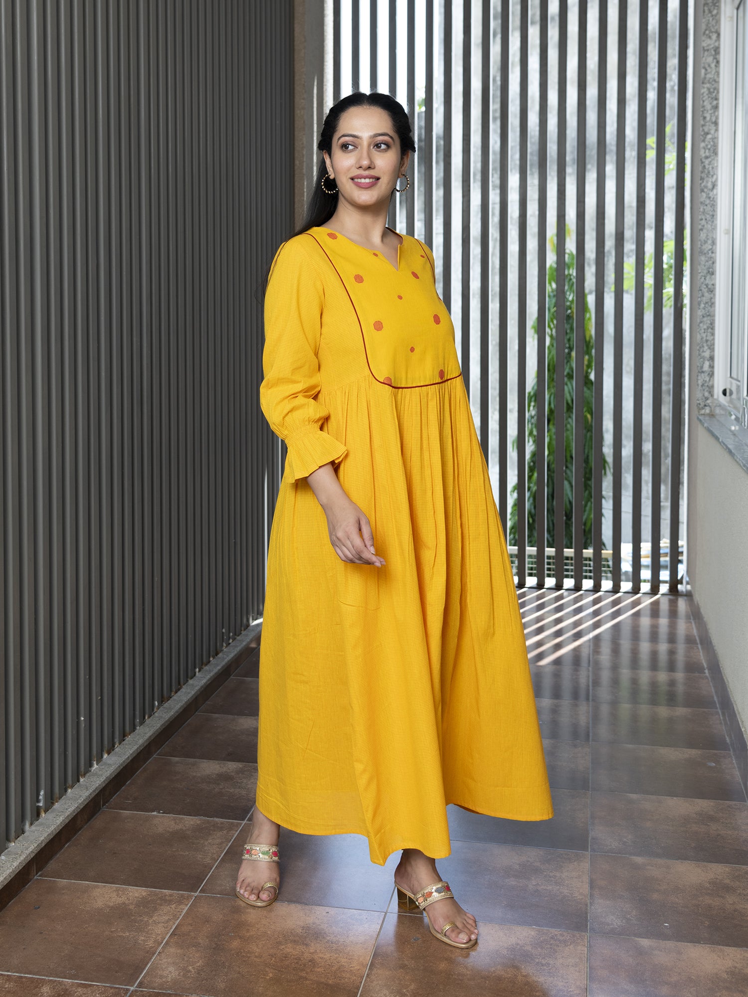 RADHIYAA YELLOW YARN DYED COTTON MAXI DRESS