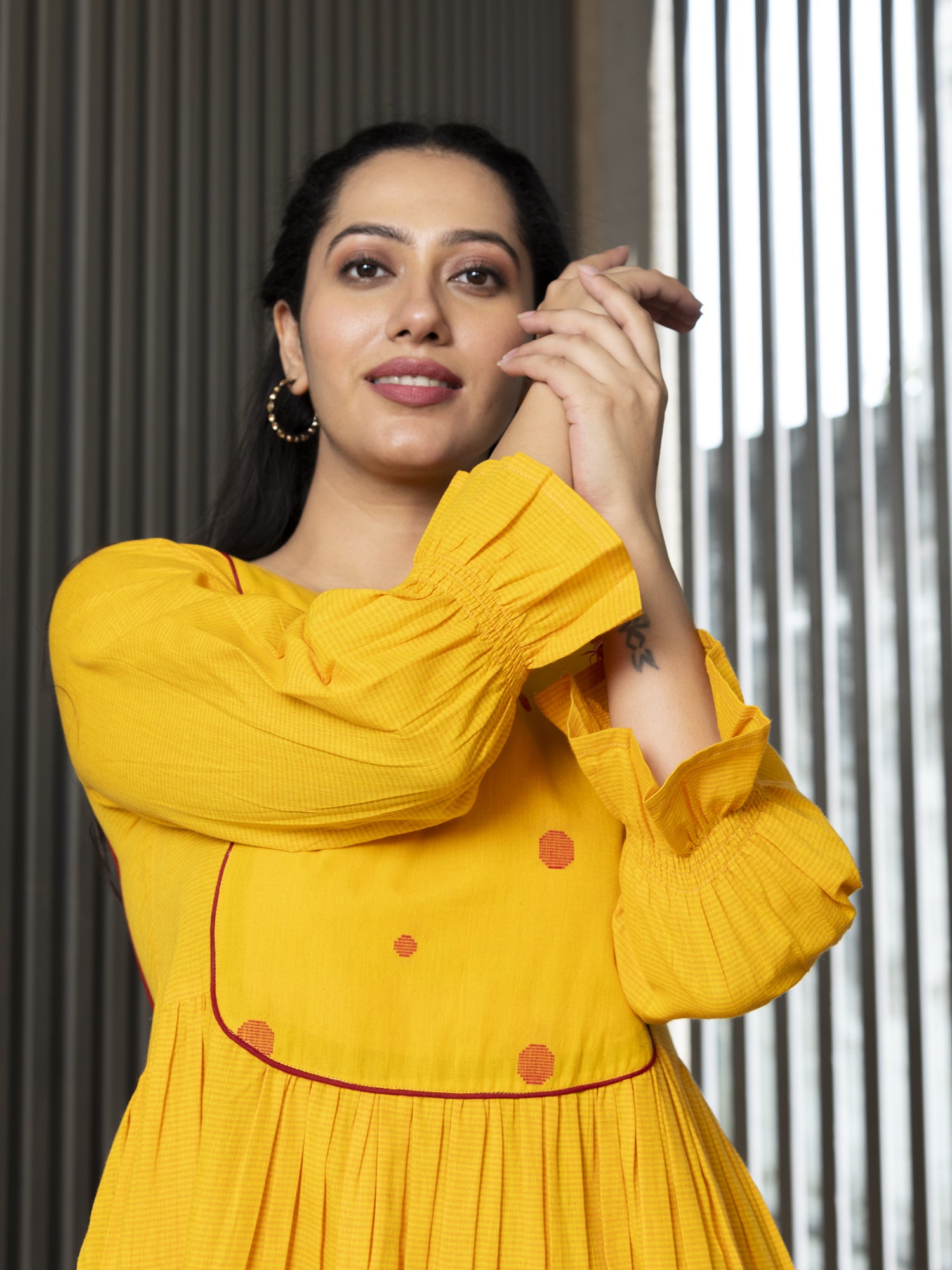 RADHIYAA YELLOW YARN DYED COTTON MAXI DRESS