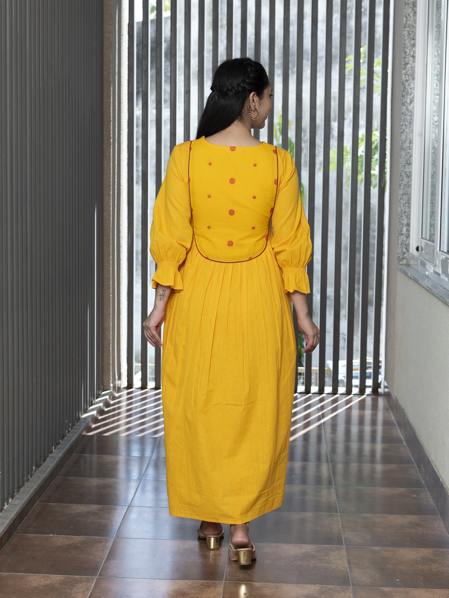 RADHIYAA YELLOW YARN DYED COTTON MAXI DRESS