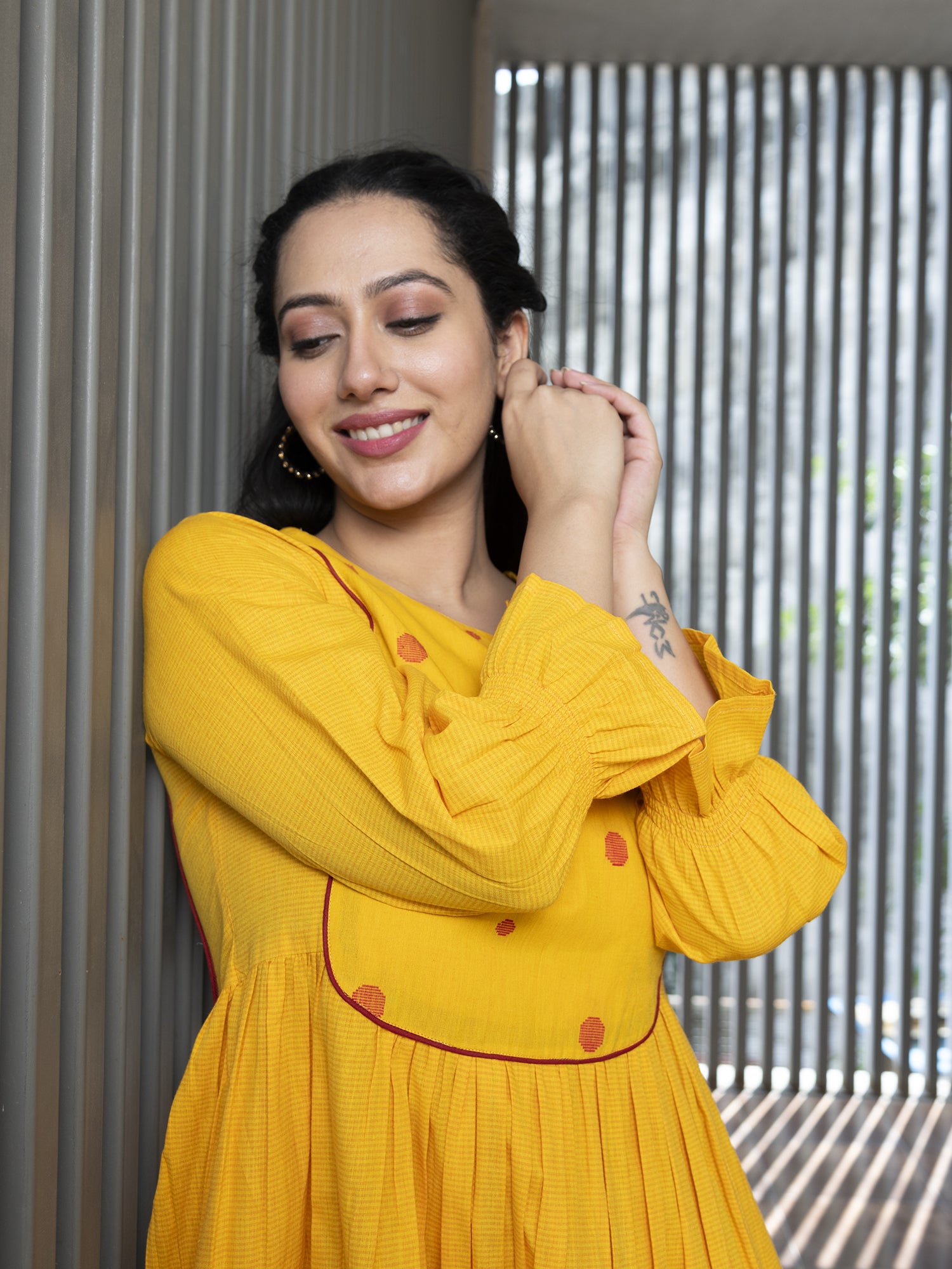 RADHIYAA YELLOW YARN DYED COTTON MAXI DRESS