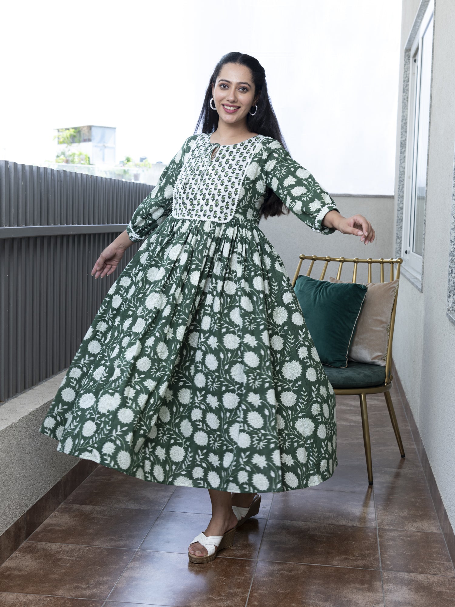 AAHELI ESHANA FLORAL BLOCK PRINTED DRESS