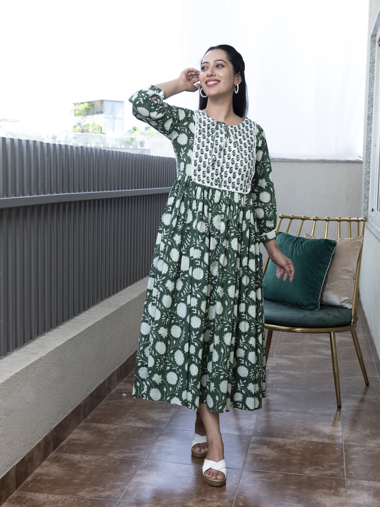 AAHELI ESHANA FLORAL BLOCK PRINTED DRESS