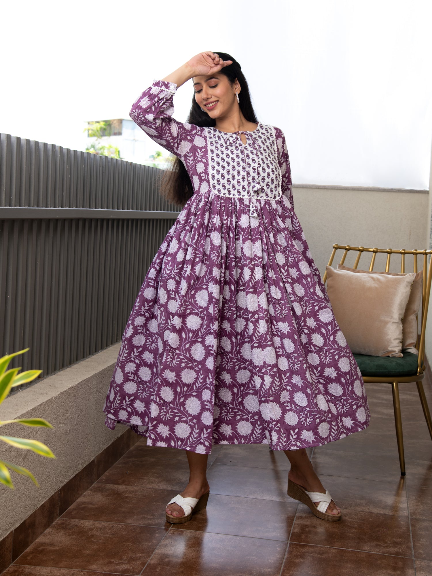 AAHELI BAVISHNI FLORAL BLOCK PRINTED DRESS