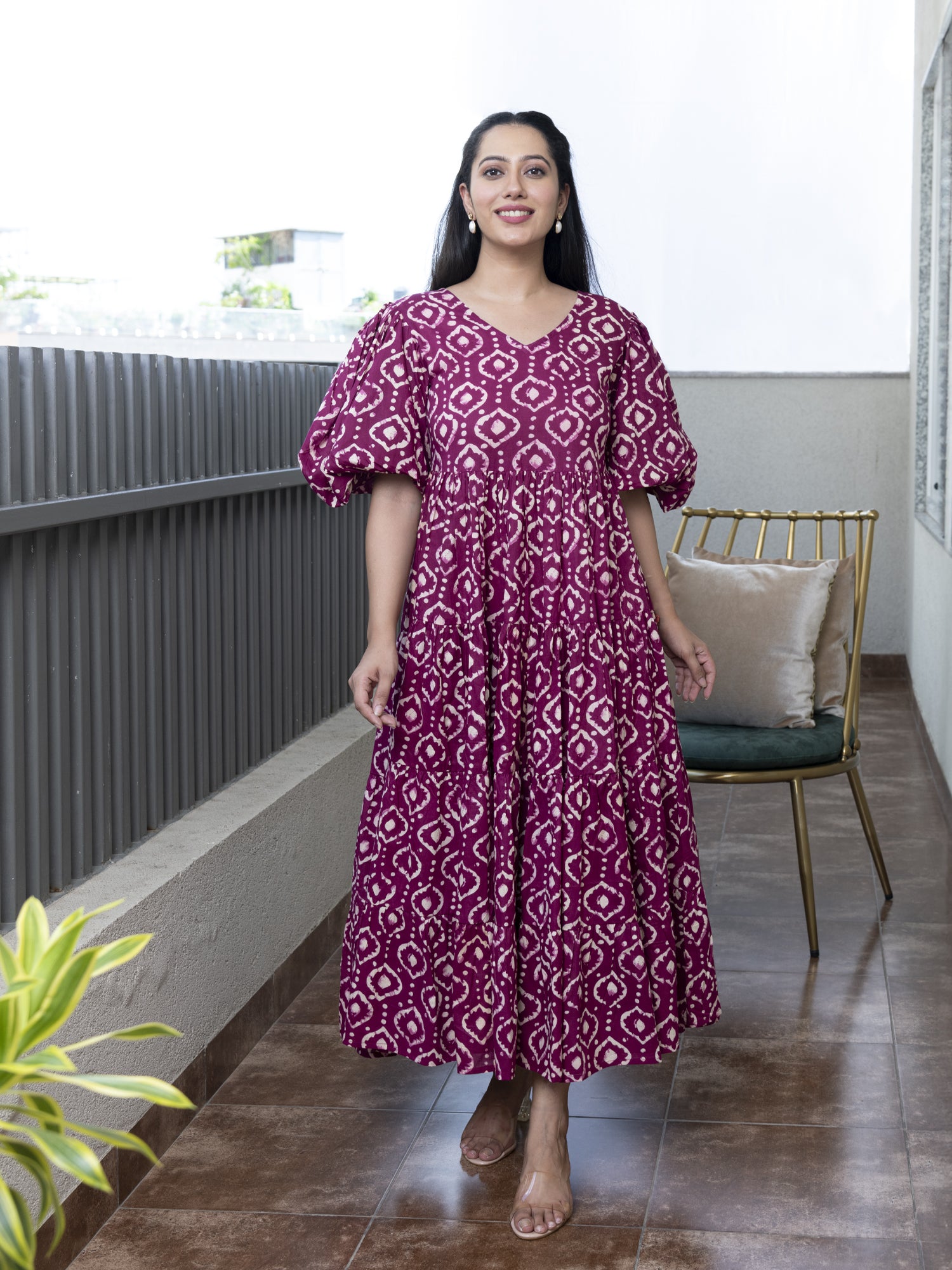 DEEP ORCHID PRINTED COTTON TIERED DRESS