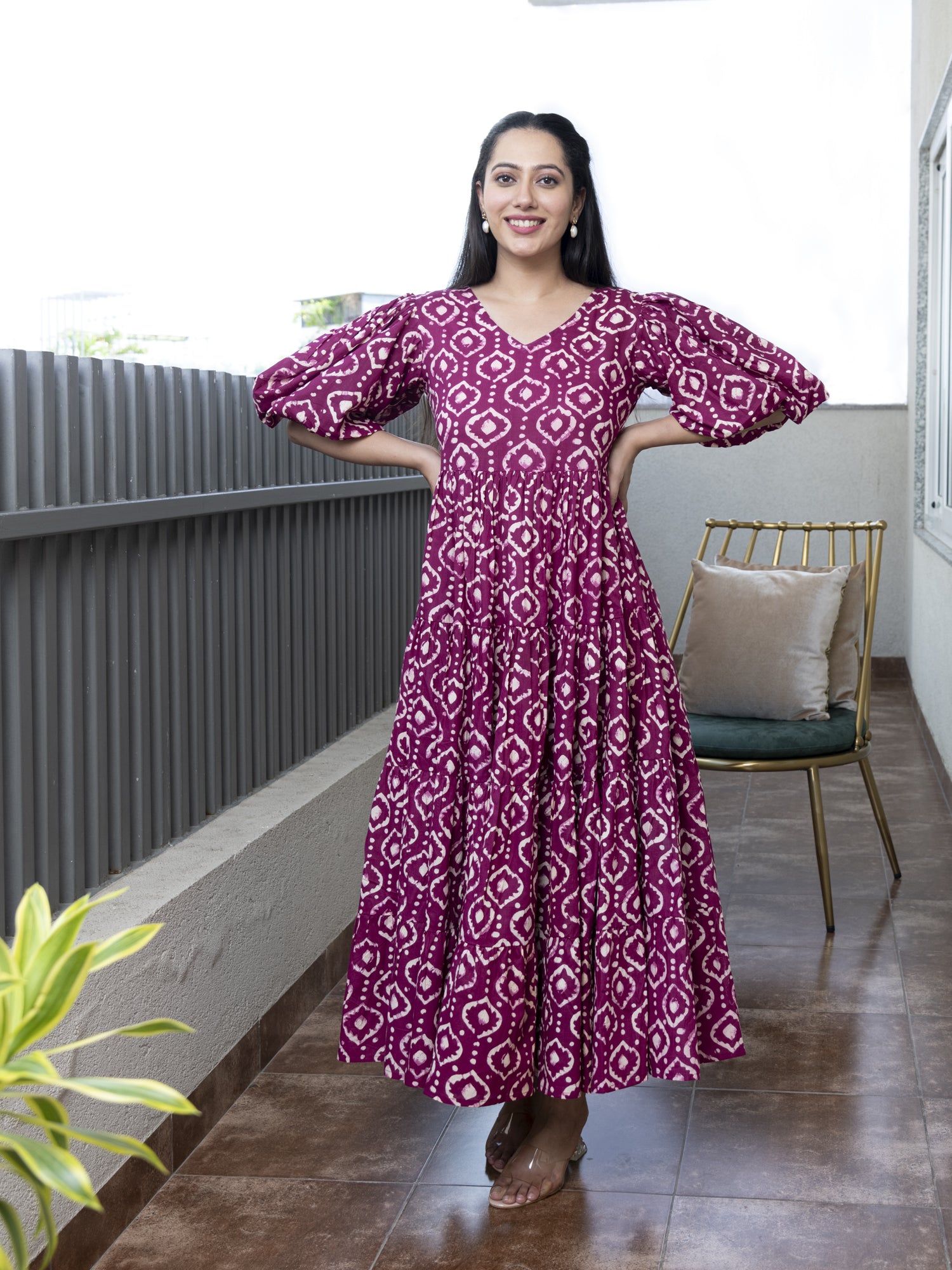DEEP ORCHID PRINTED COTTON TIERED DRESS