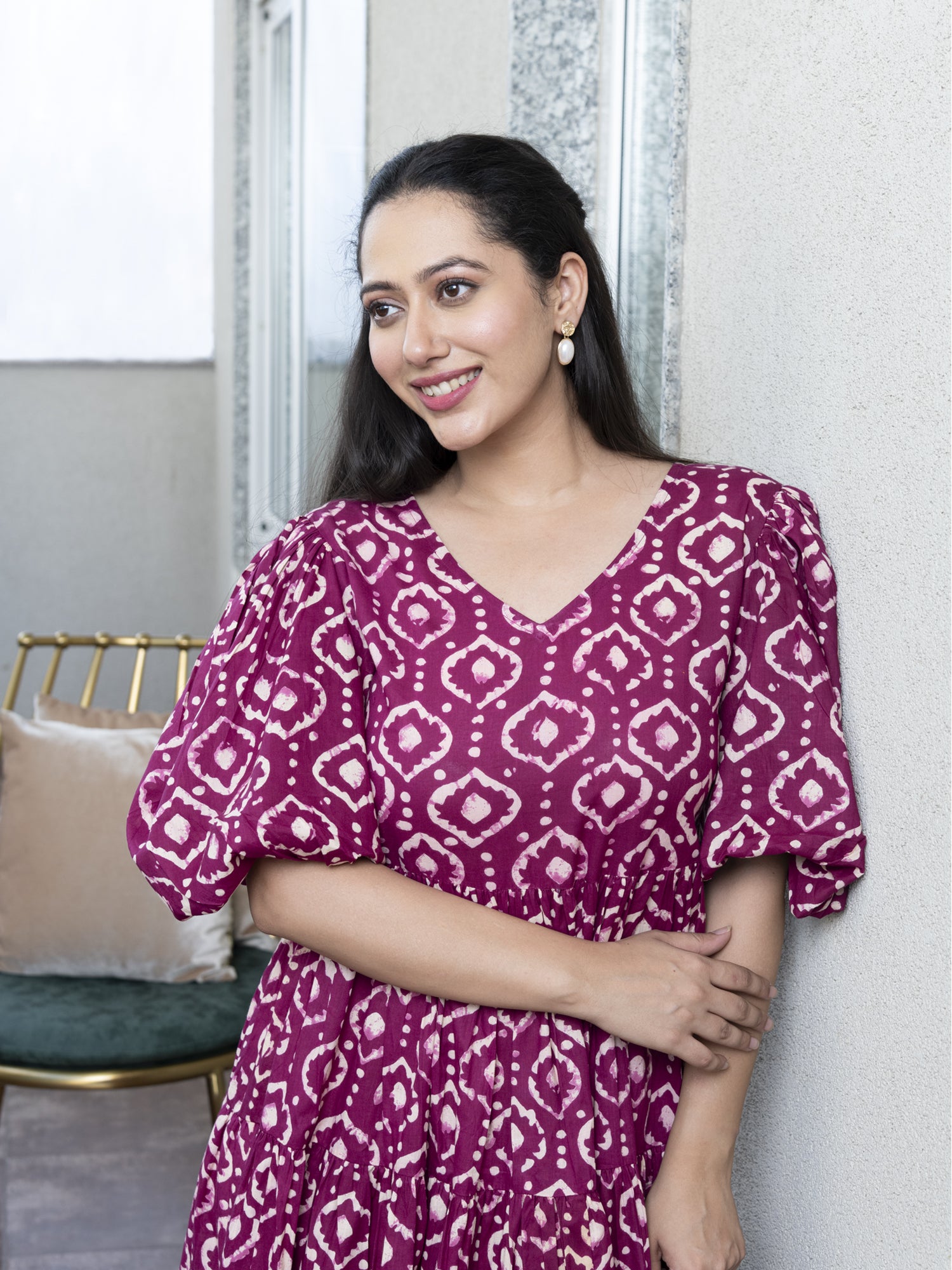 DEEP ORCHID PRINTED COTTON TIERED DRESS