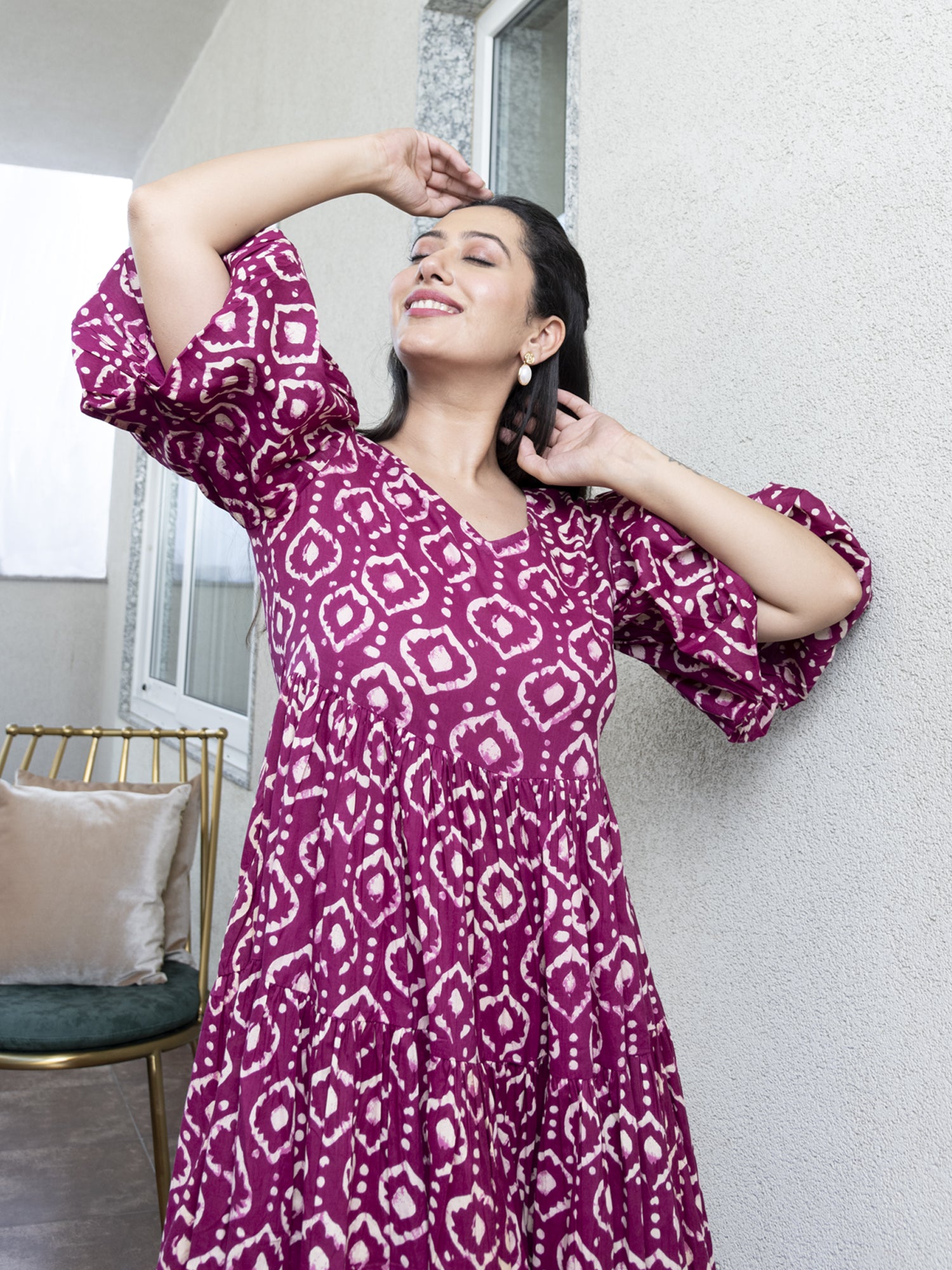 DEEP ORCHID PRINTED COTTON TIERED DRESS