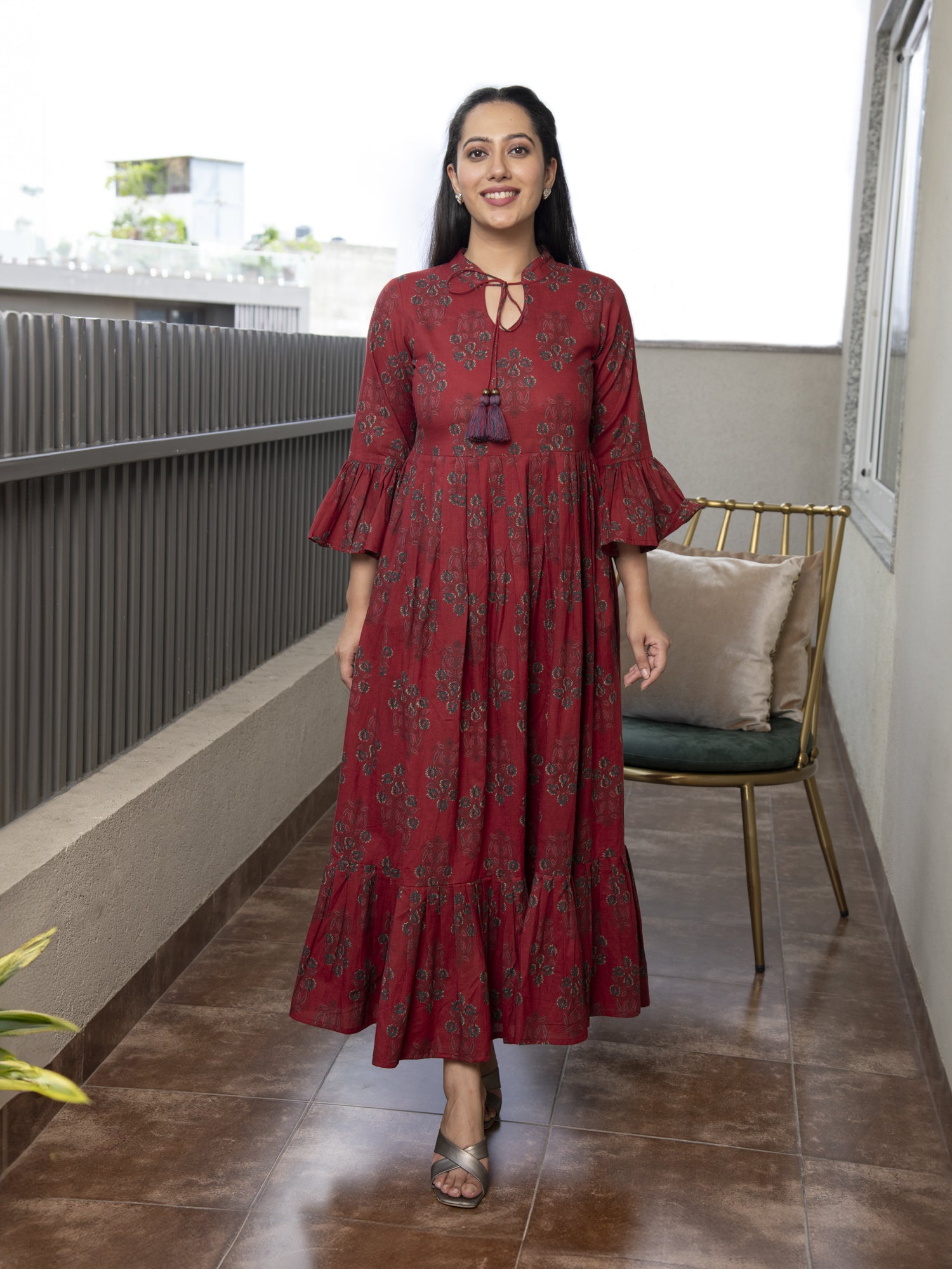 THANVI MAROON PRINTED COTTON MAXI DRESS