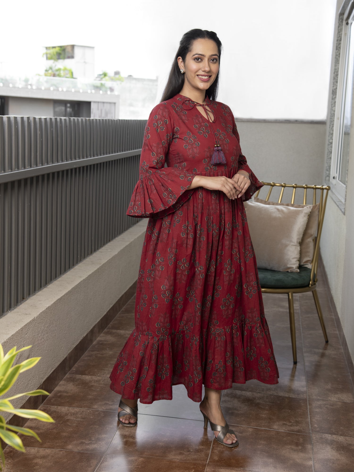 THANVI MAROON PRINTED COTTON MAXI DRESS