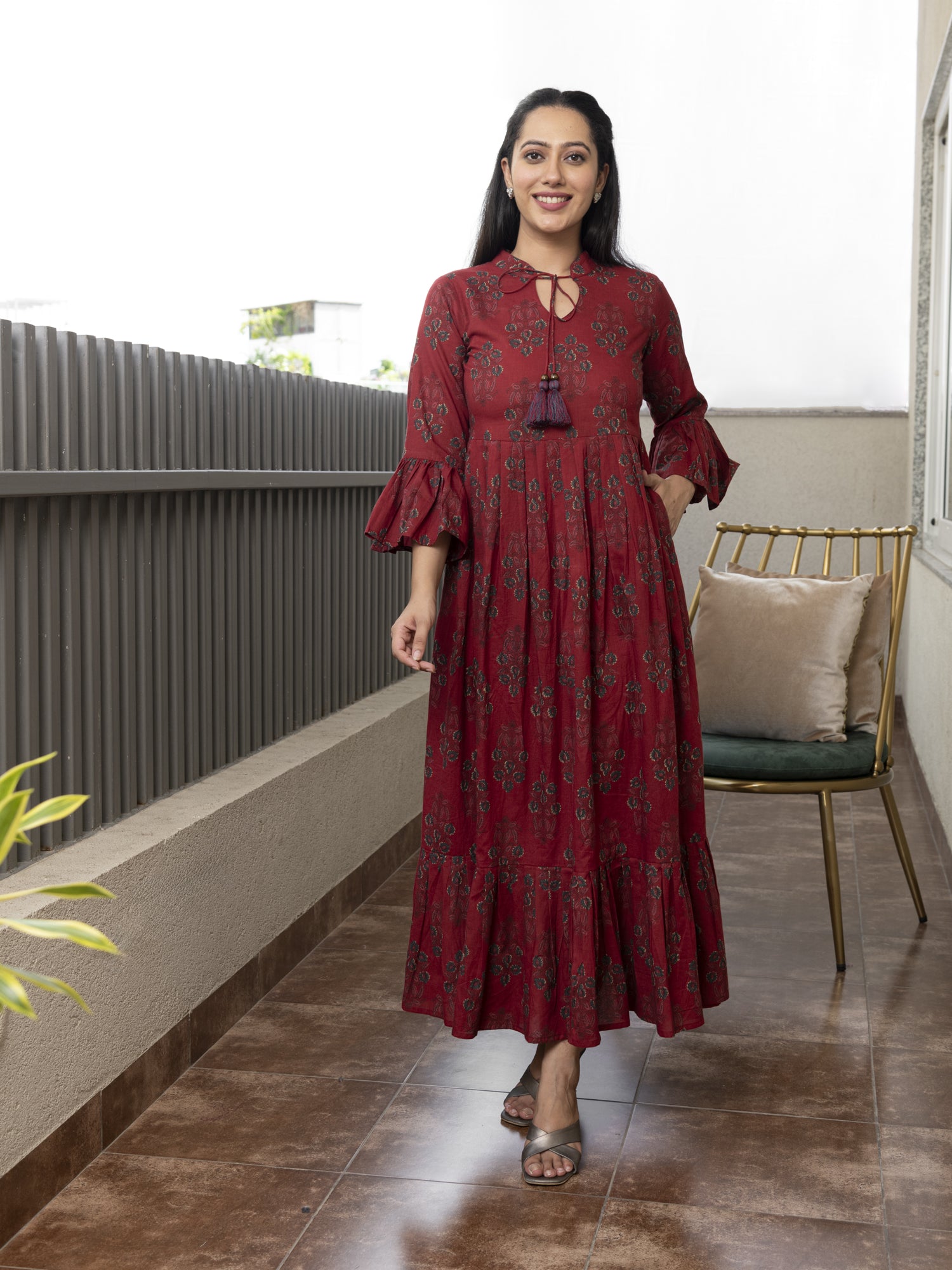THANVI MAROON PRINTED COTTON MAXI DRESS