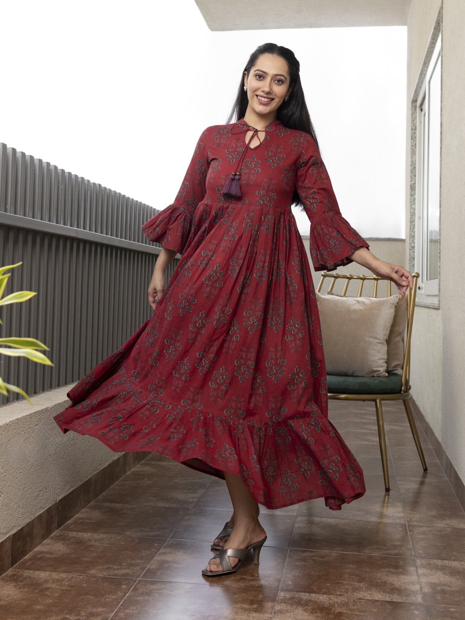 THANVI MAROON PRINTED COTTON MAXI DRESS