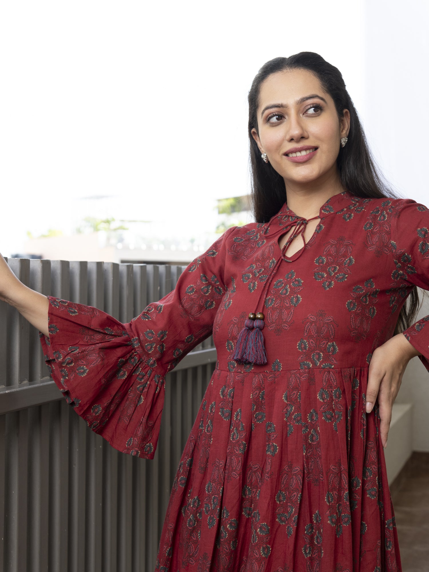 THANVI MAROON PRINTED COTTON MAXI DRESS