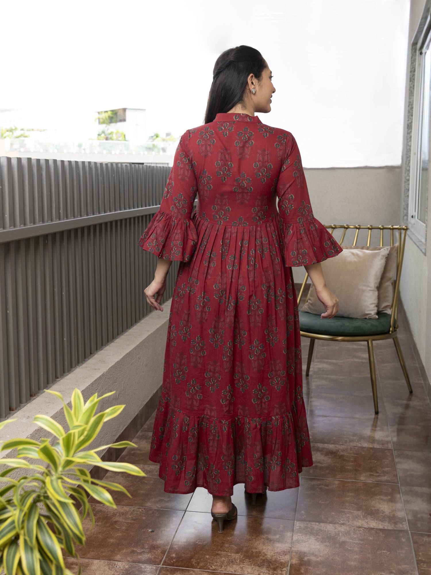 THANVI MAROON PRINTED COTTON MAXI DRESS