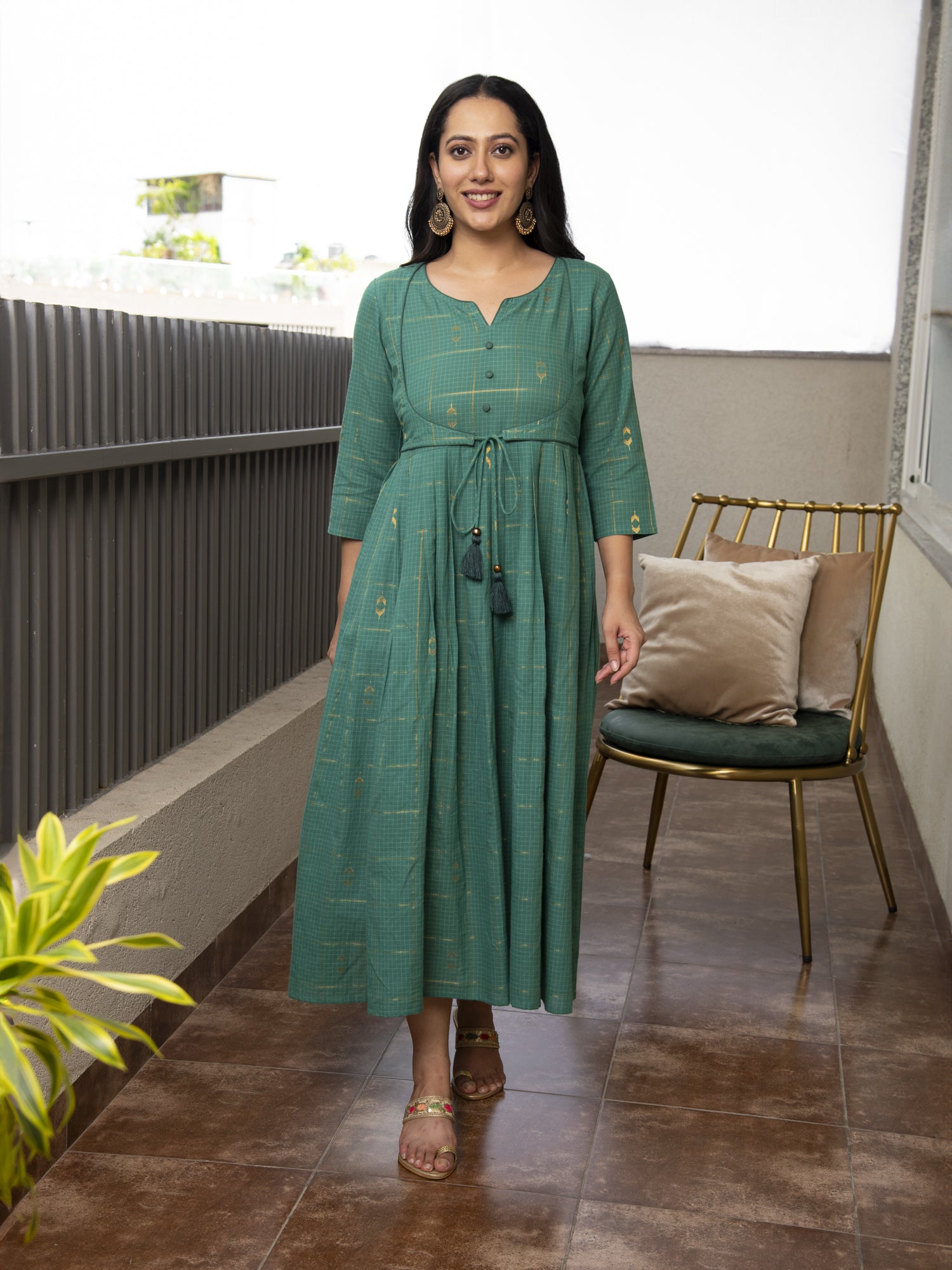 GATHIKA TEAL GREEN YARN DYED COTTON MAXI DRESS