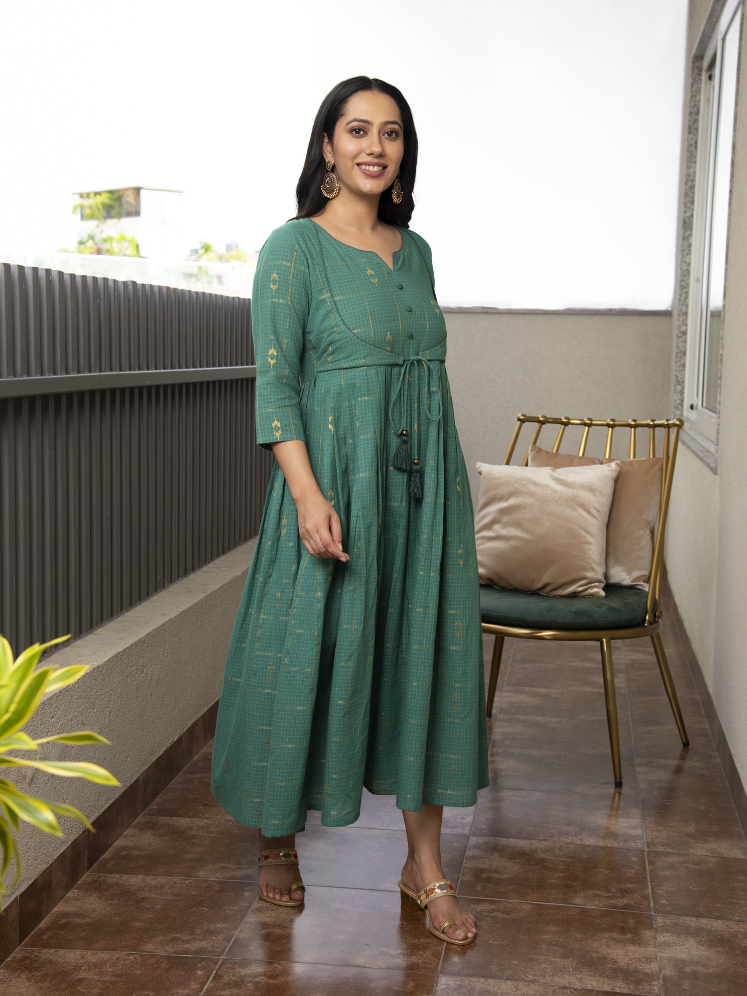 GATHIKA TEAL GREEN YARN DYED COTTON MAXI DRESS