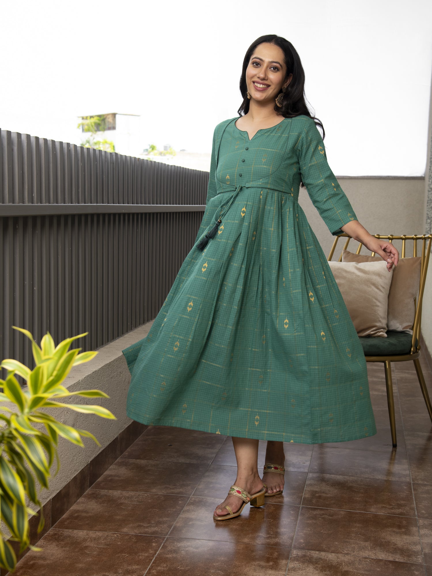 GATHIKA TEAL GREEN YARN DYED COTTON MAXI DRESS
