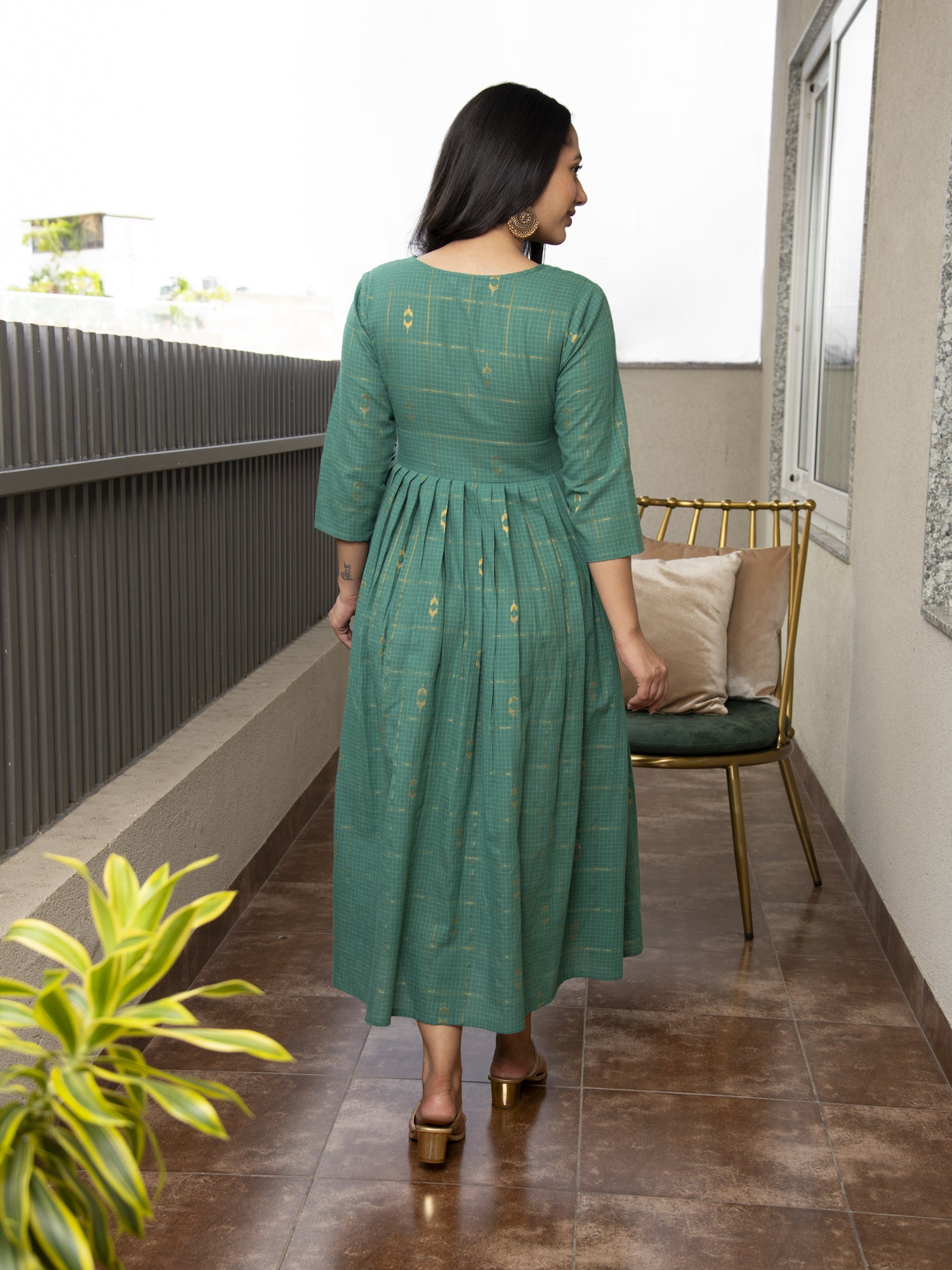 GATHIKA TEAL GREEN YARN DYED COTTON MAXI DRESS