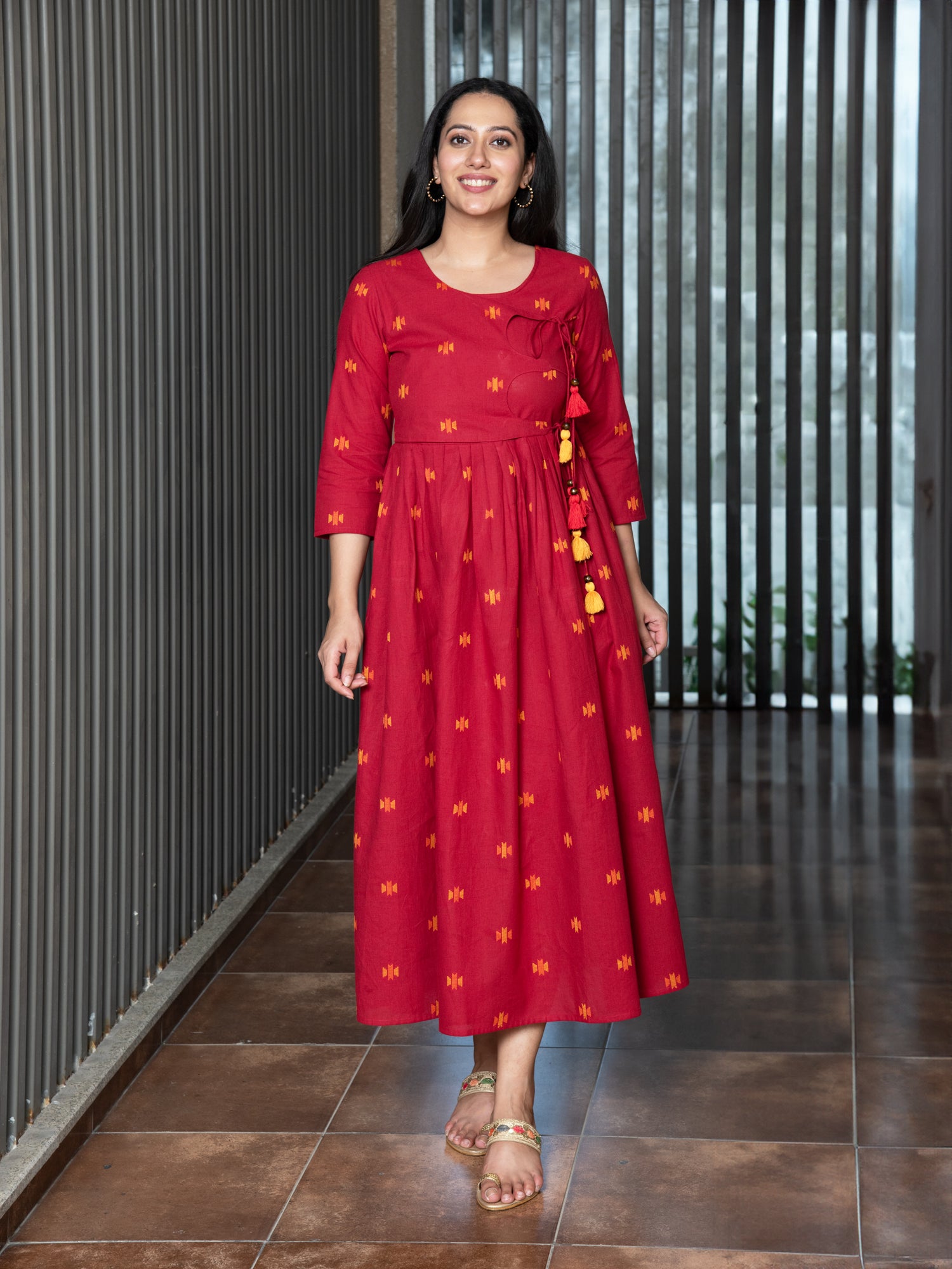 ELILI RED YARN DYED COTTON MAXI DRESS