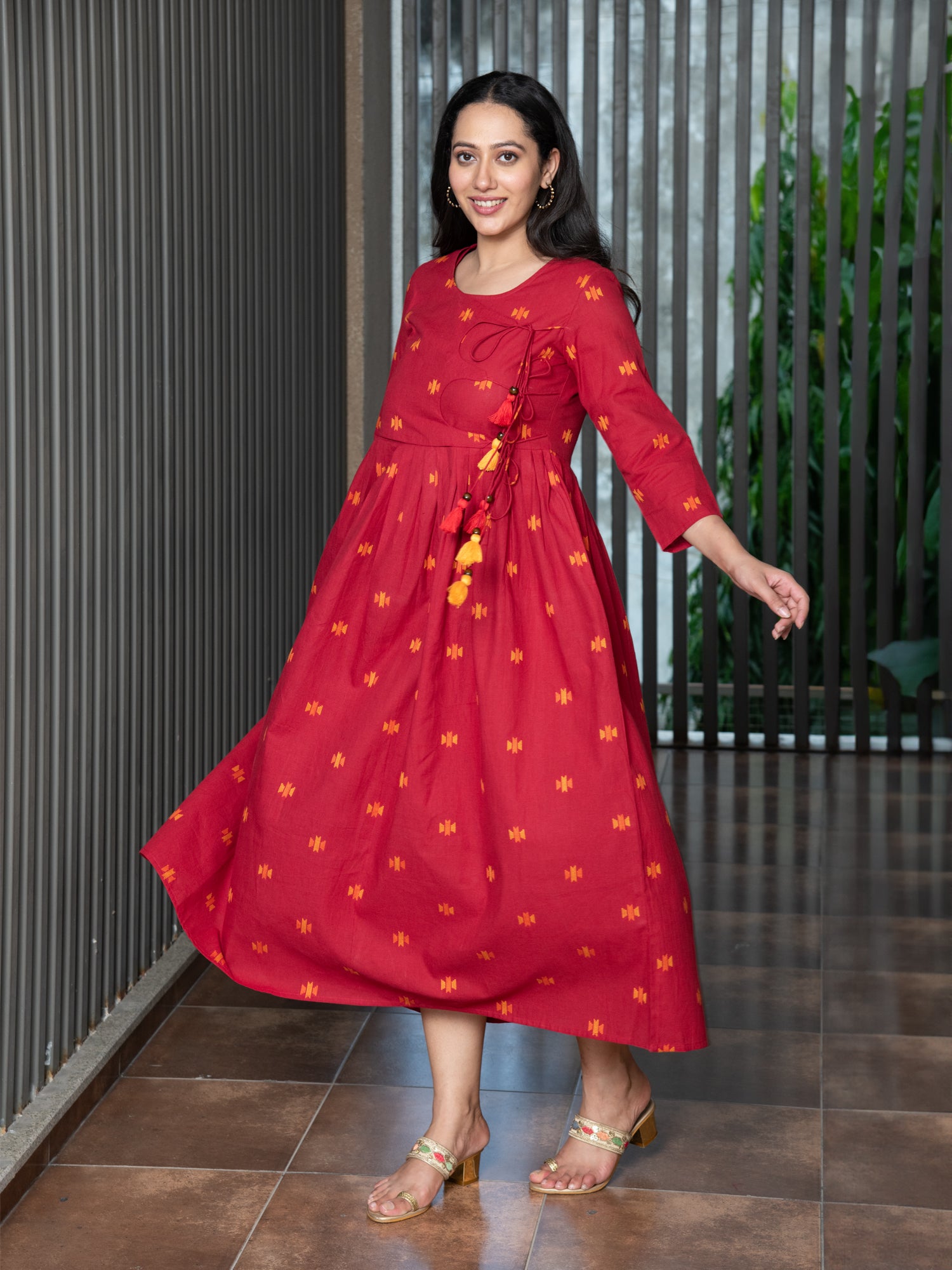 ELILI RED YARN DYED COTTON MAXI DRESS