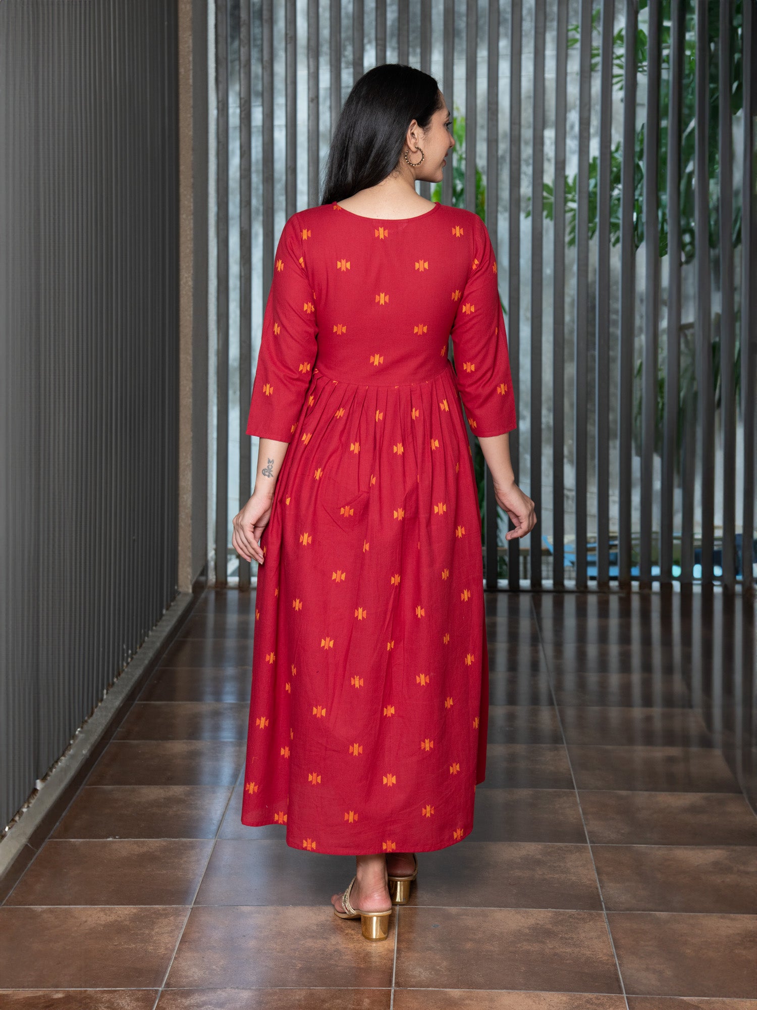 ELILI RED YARN DYED COTTON MAXI DRESS