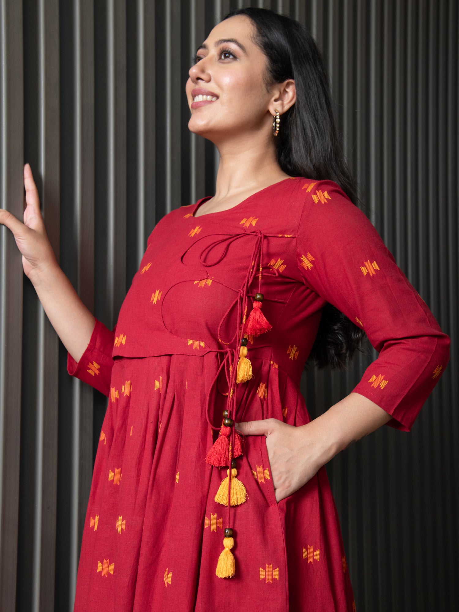 ELILI RED YARN DYED COTTON MAXI DRESS