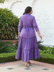 AAHELI BREEZY PURPLE COTTON KANTHA TIERED DRESS