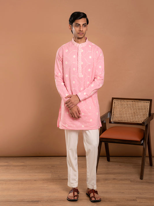 AAHELI KUSH PINK EMBROIDERED KURTA-PANT SET