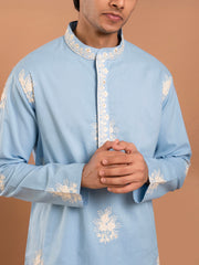 AAHELI JAHAN BLUE COTTON EMBROIDERED KURTA-PANT SET