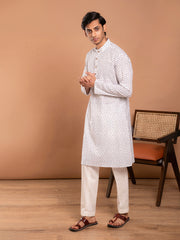 AAHELI WHITE HAND BLOCK PRINTED KURTA-PANT SET